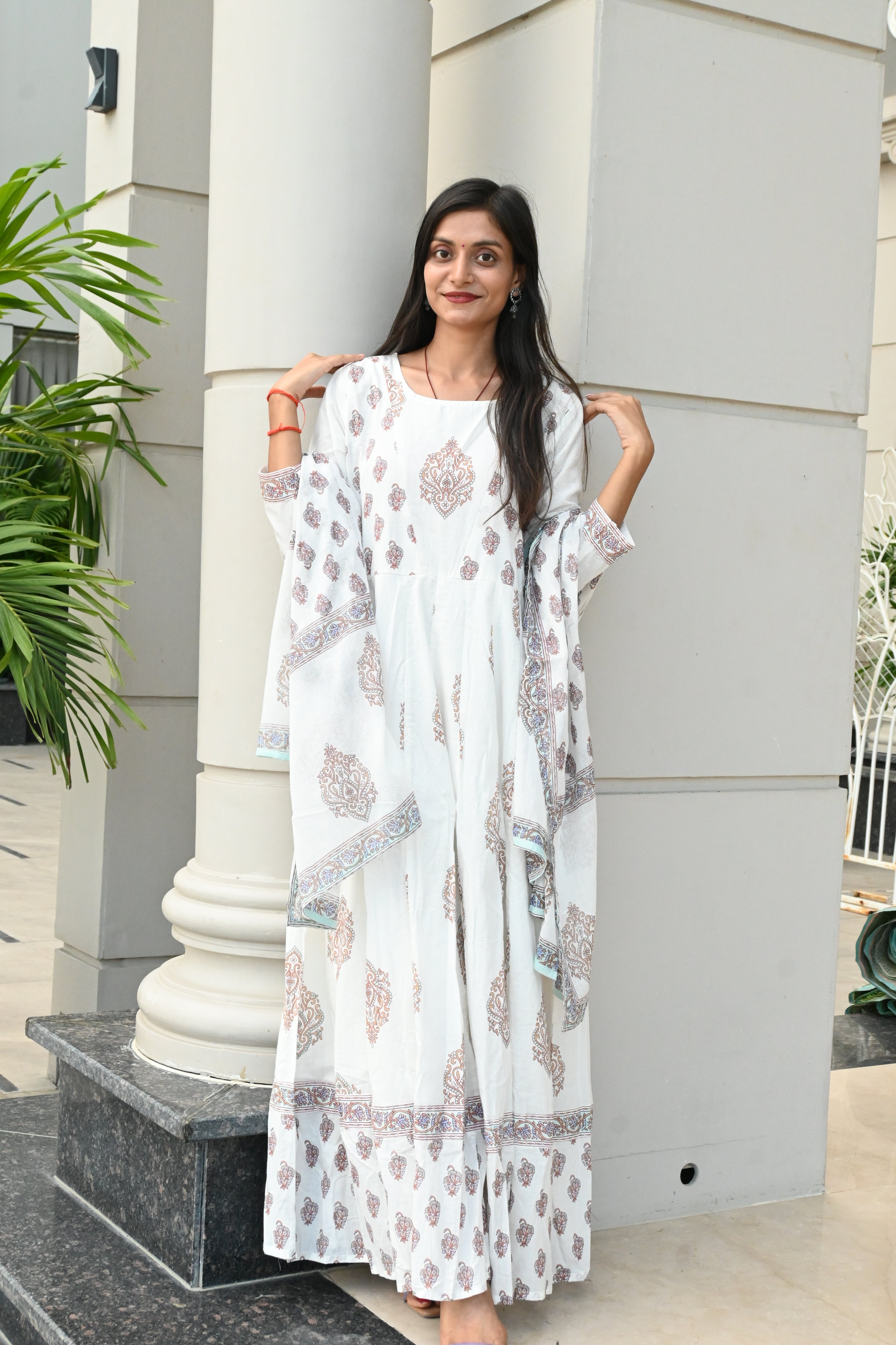 Ivory Elegance Handblock Print Cotton Suit Set