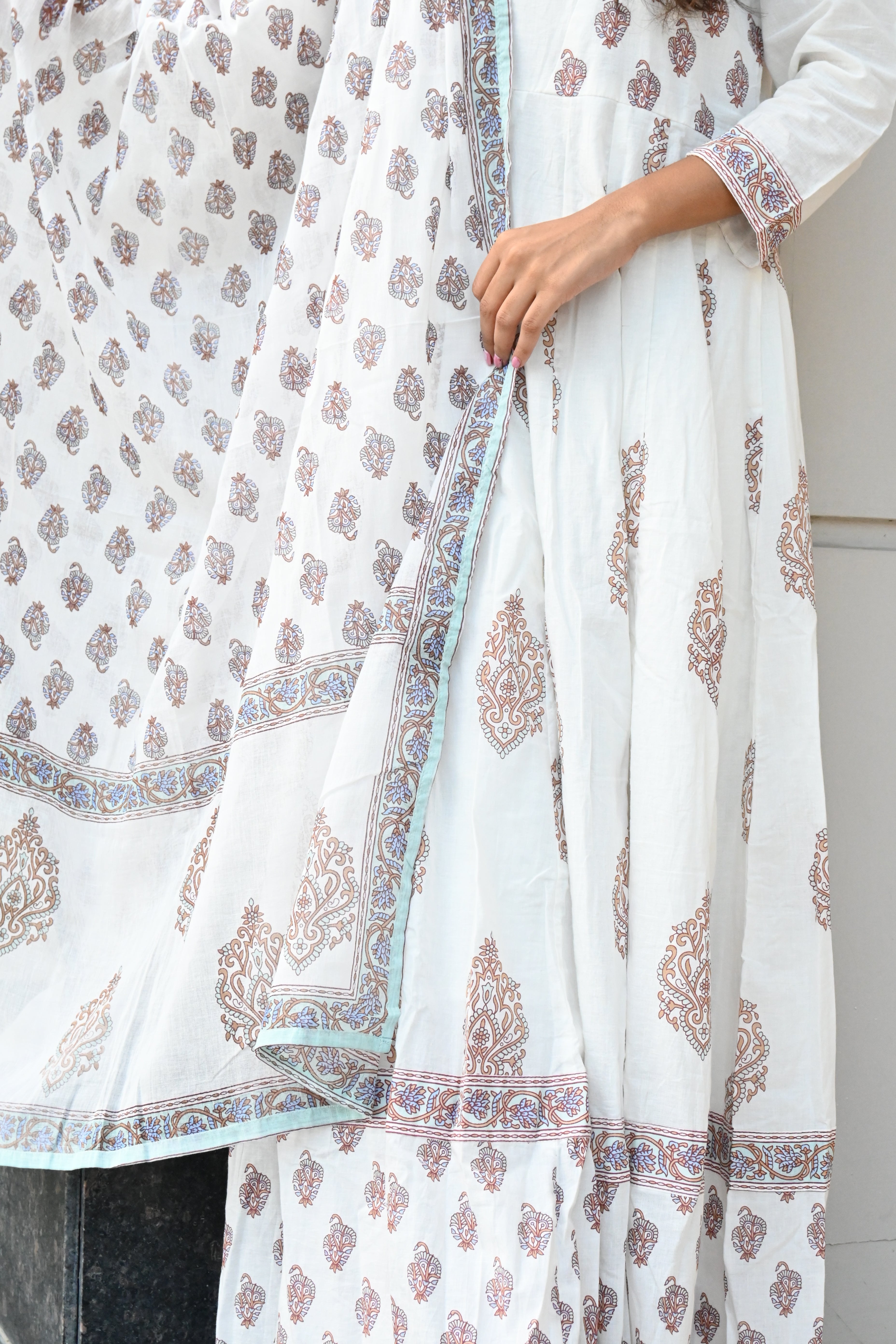 Ivory Elegance Handblock Print Cotton Suit Set