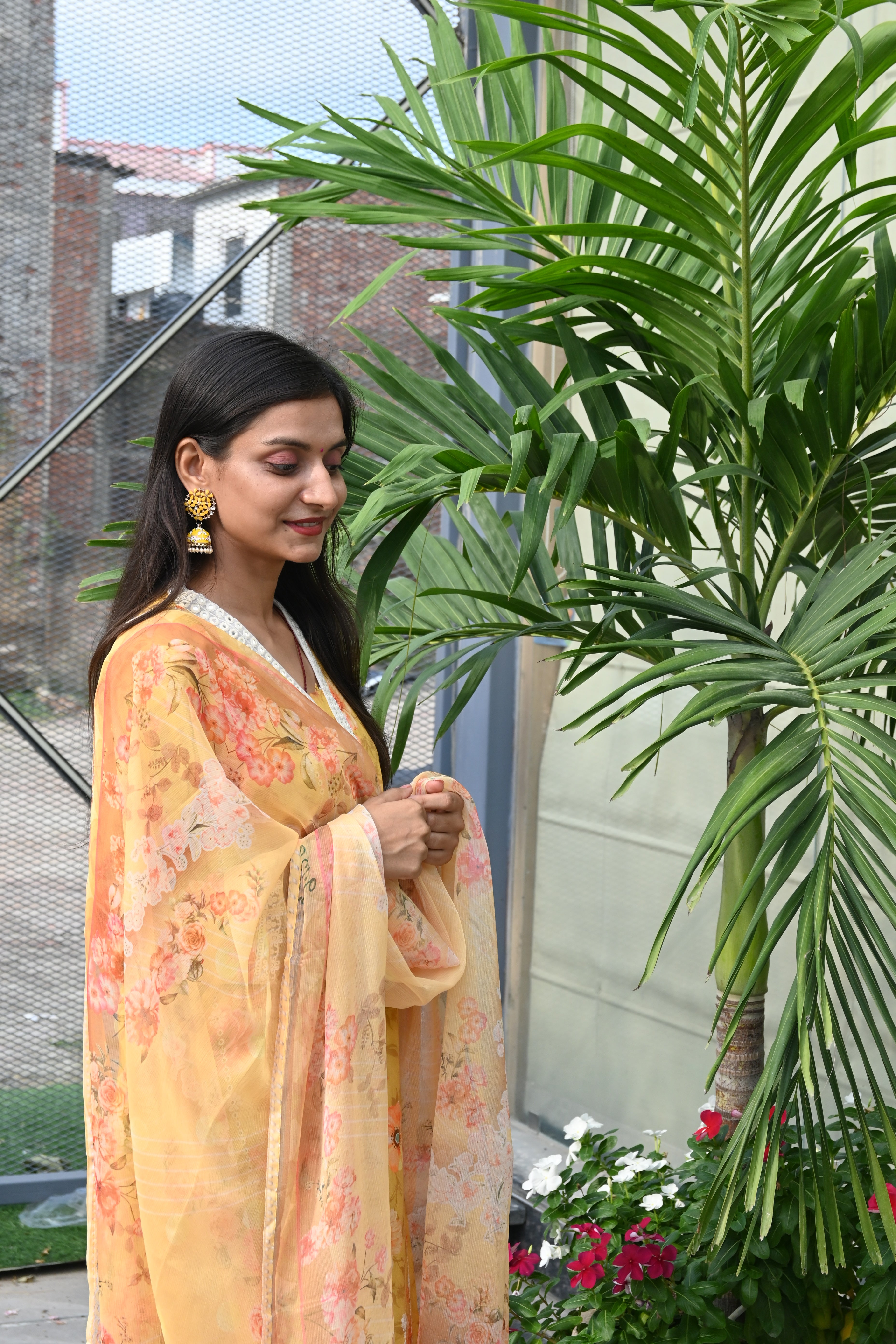 Golden Bloom Floral Embroidered Kurti Set with Dupatta
