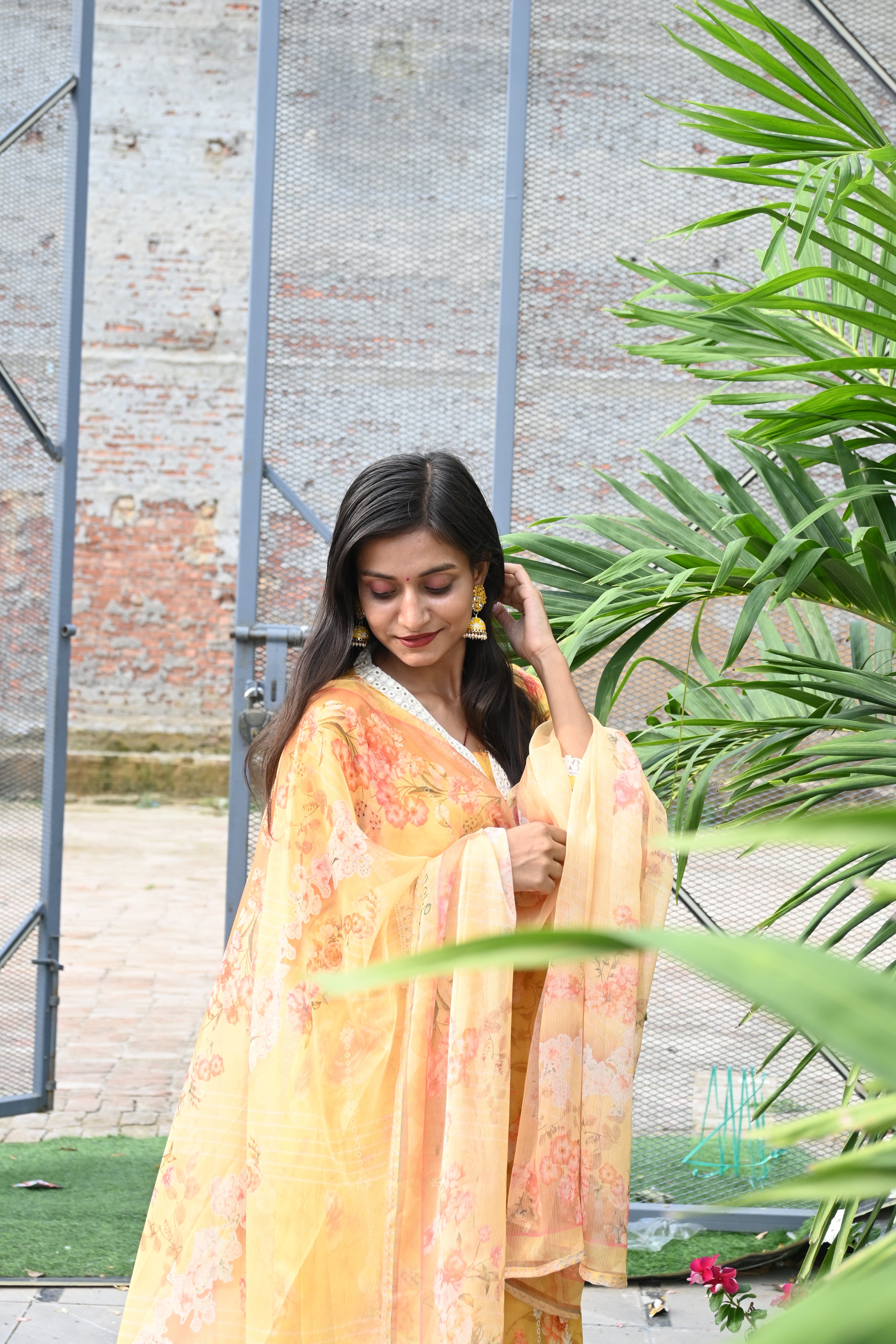 Golden Bloom Floral Embroidered Kurti Set with Dupatta