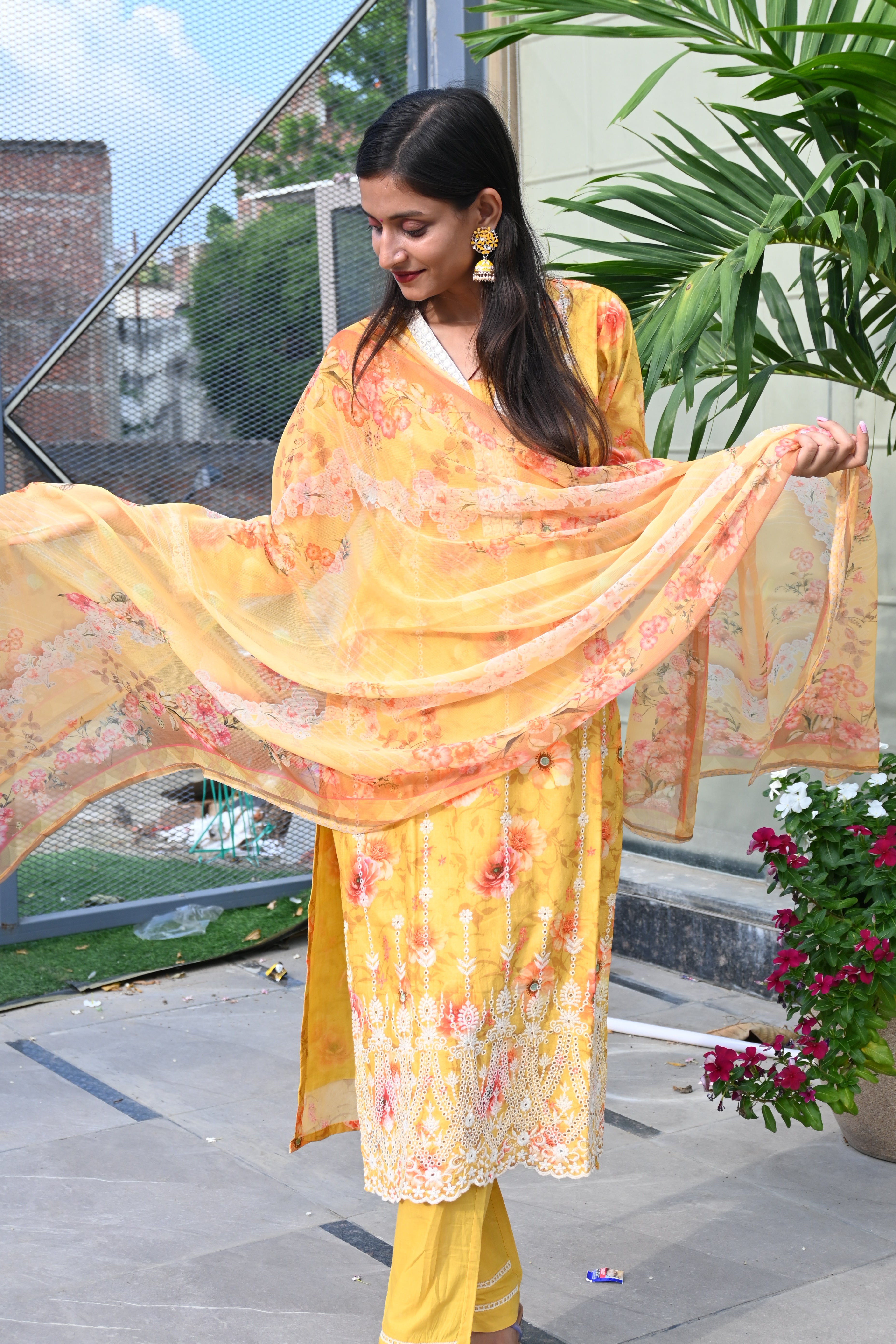 Golden Bloom Floral Embroidered Kurti Set with Dupatta