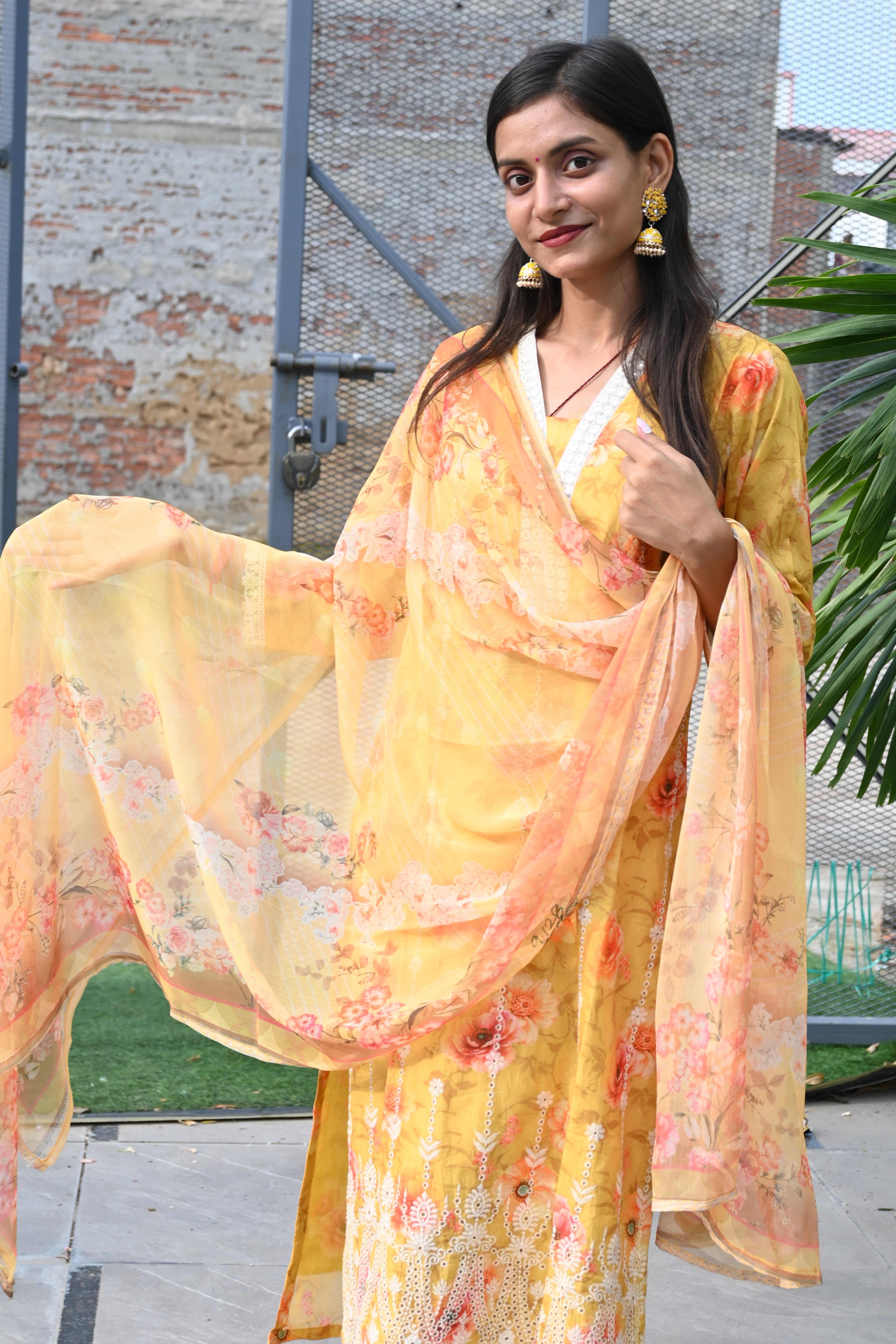 Golden Bloom Floral Embroidered Kurti Set with Dupatta