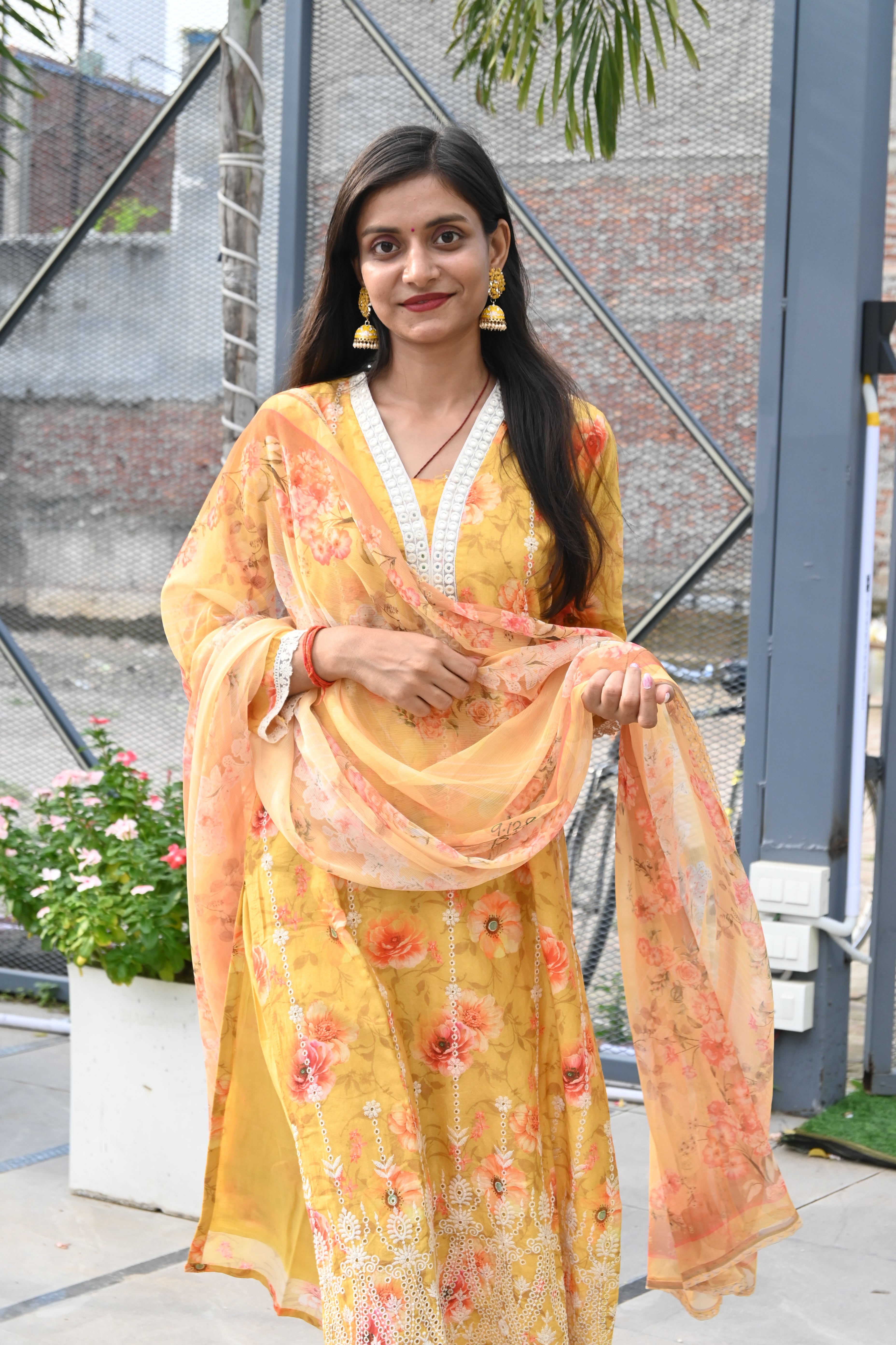 Golden Bloom Floral Embroidered Kurti Set with Dupatta