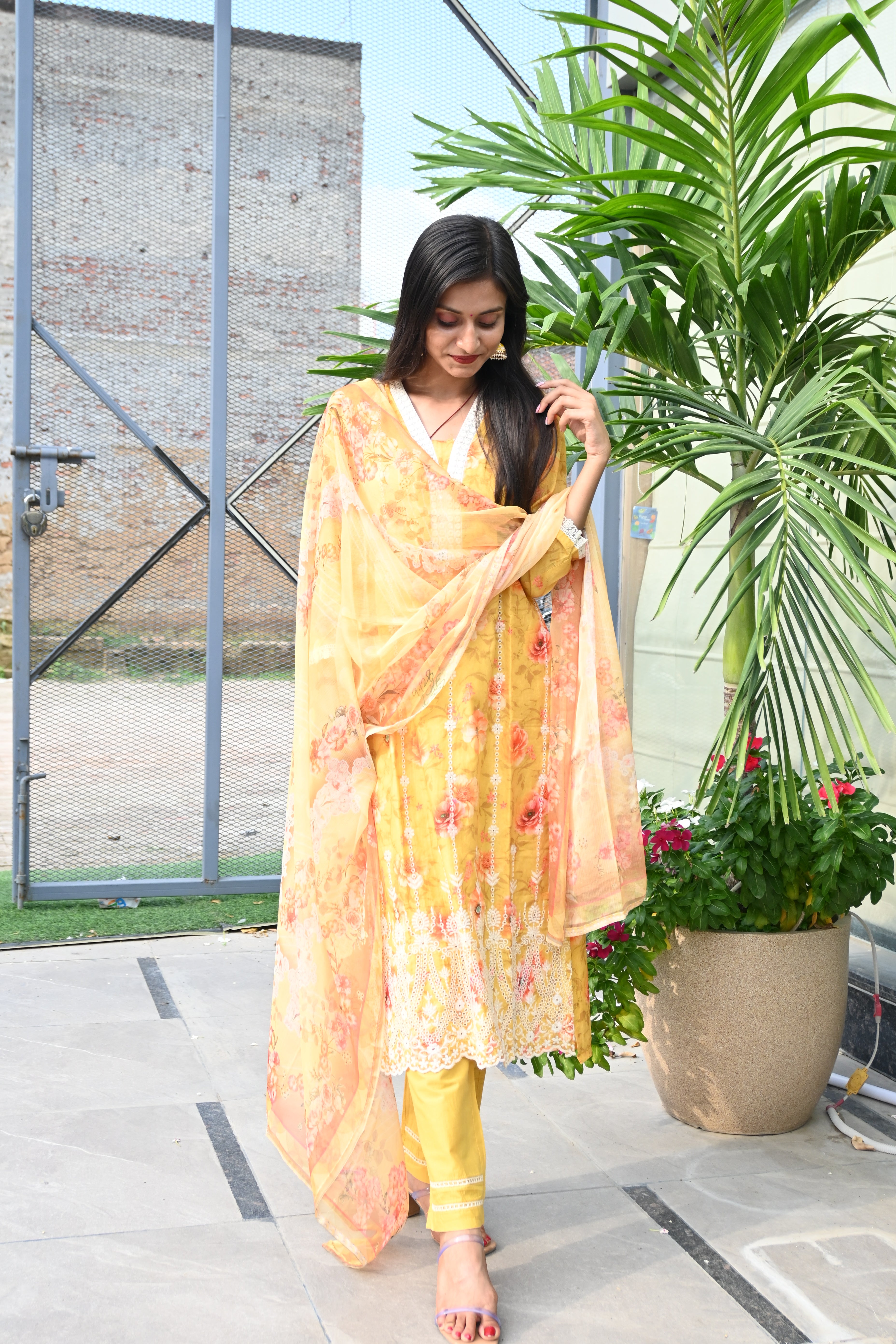 Golden Bloom Floral Embroidered Kurti Set with Dupatta