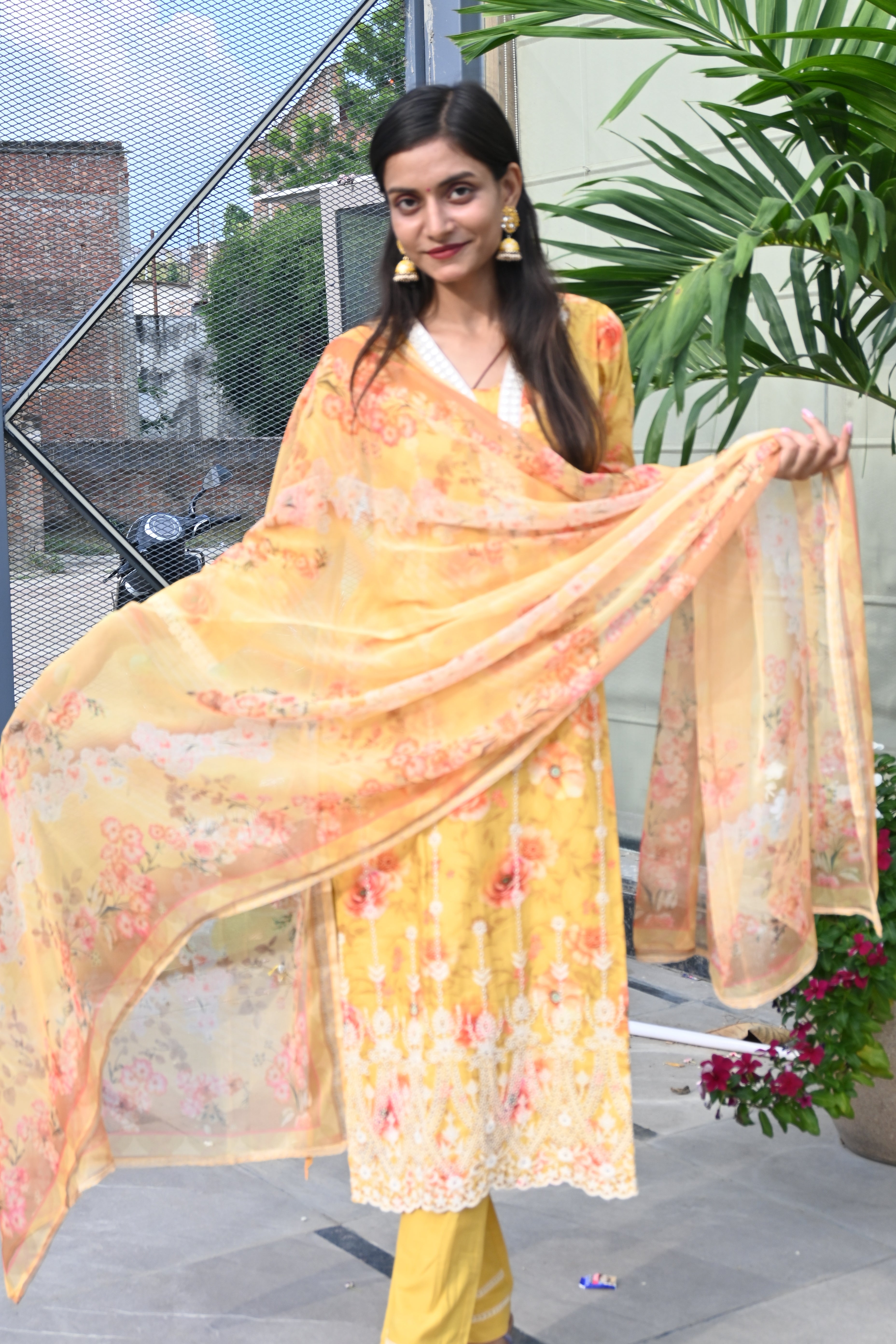 Golden Bloom Floral Embroidered Kurti Set with Dupatta