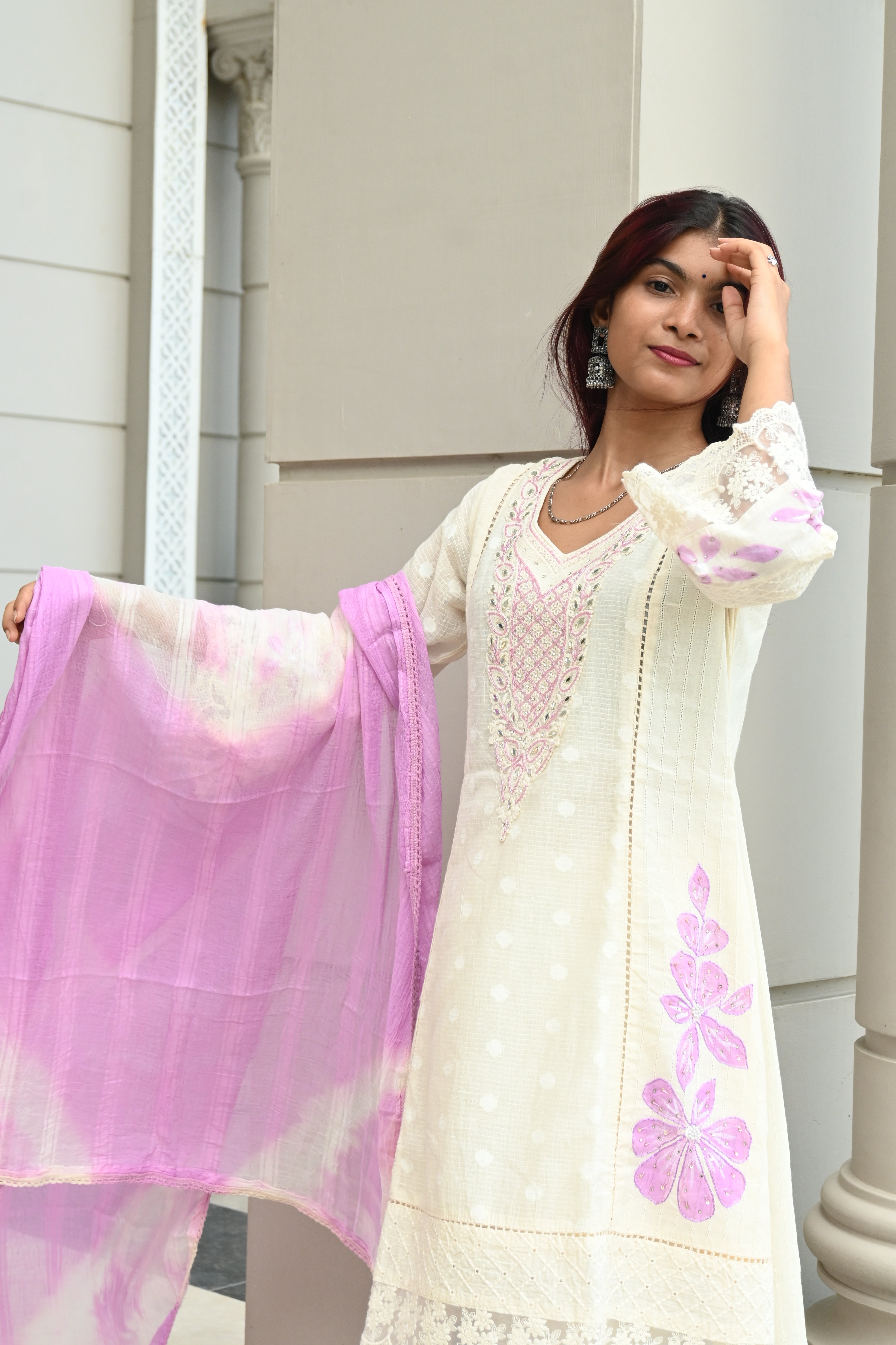 Ivory White Kurti Set with Pink Embroidered Yoke & Tie-Dye Dupatta