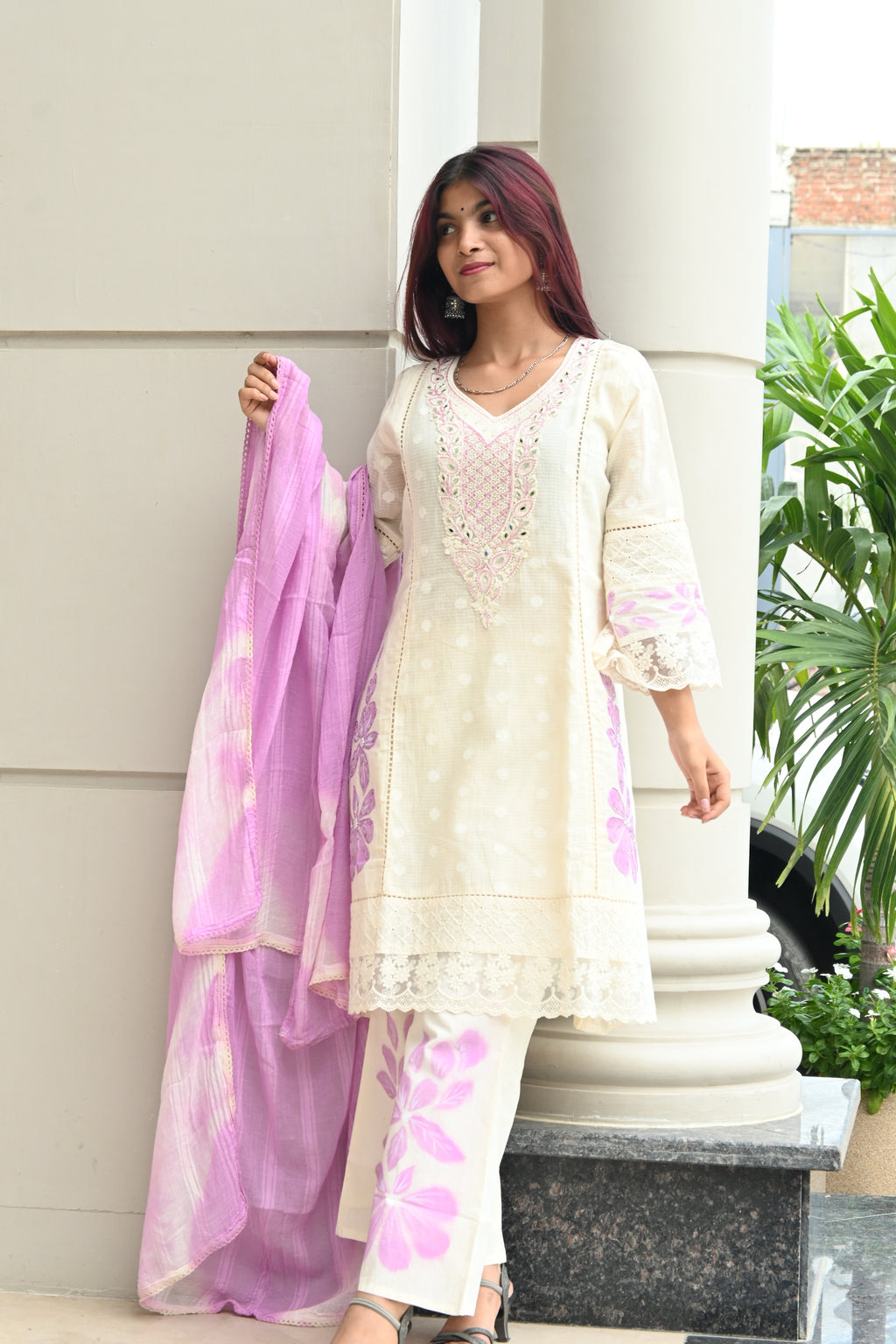 Ivory White Kurti Set with Pink Embroidered Yoke & Tie-Dye Dupatta