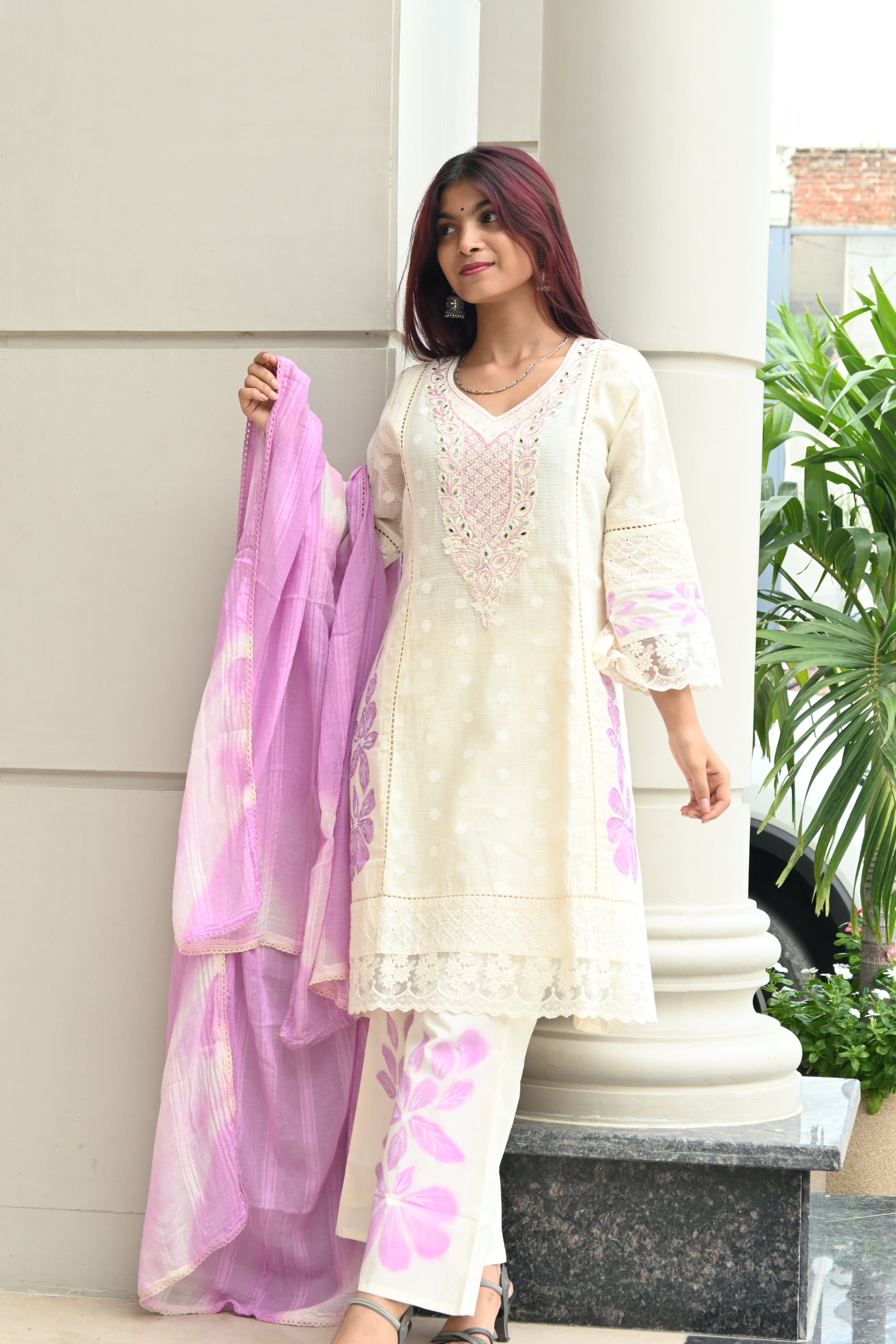Ivory White Kurti Set with Pink Embroidered Yoke & Tie-Dye Dupatta