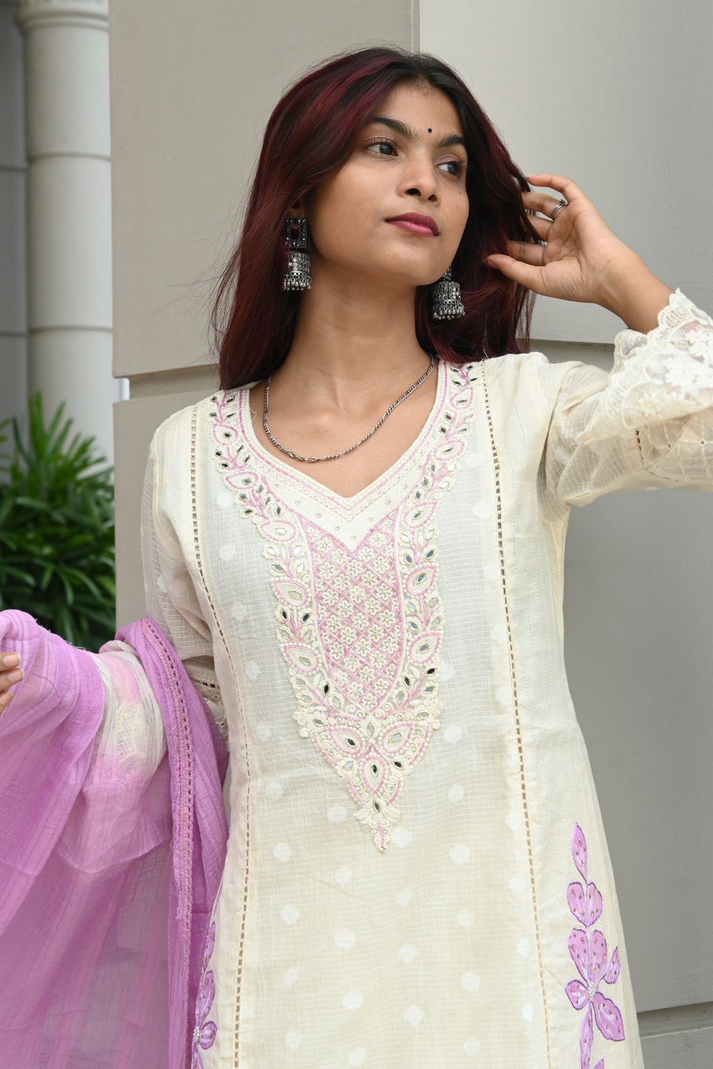 Ivory White Kurti Set with Pink Embroidered Yoke & Tie-Dye Dupatta