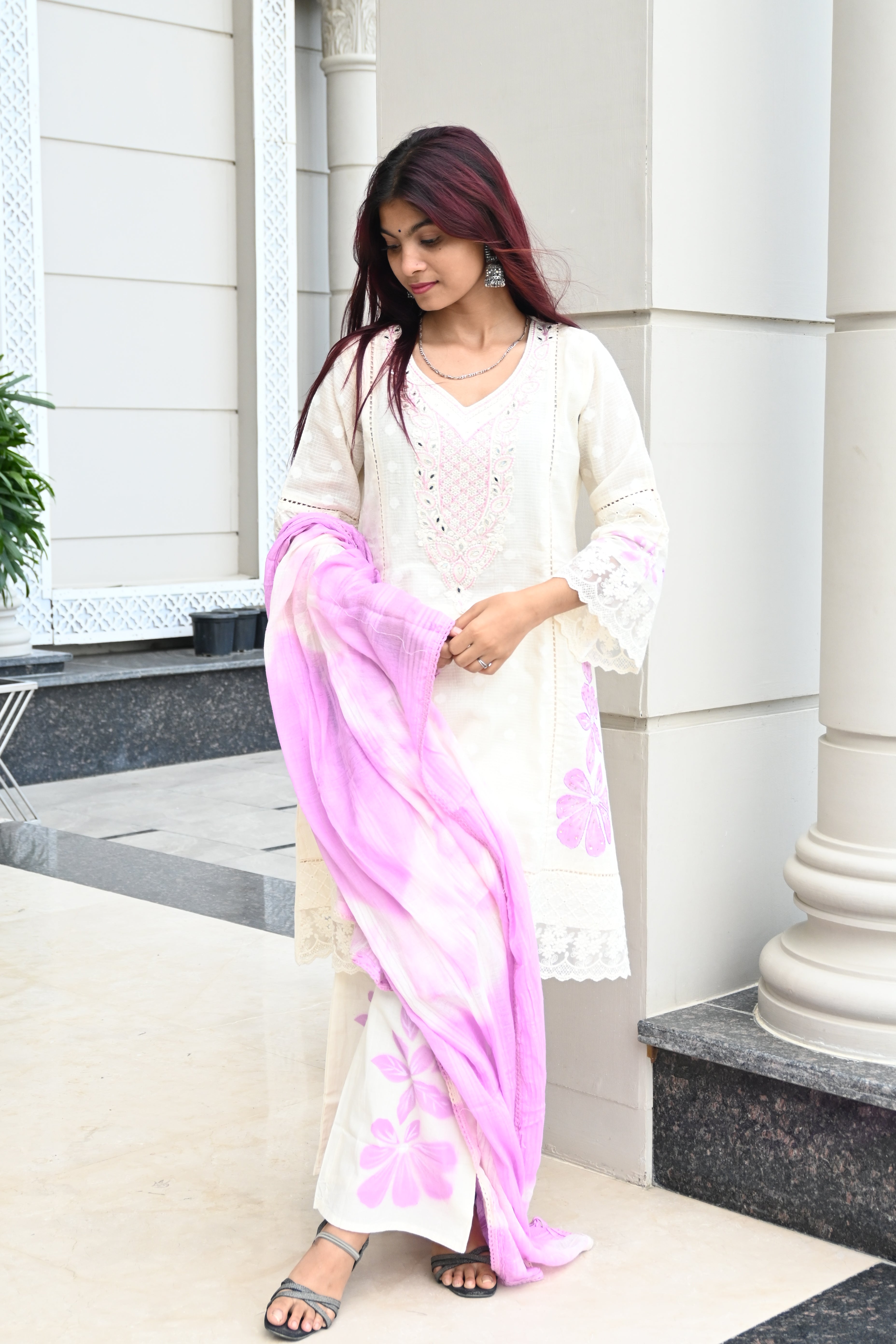 Ivory White Kurti Set with Pink Embroidered Yoke & Tie-Dye Dupatta