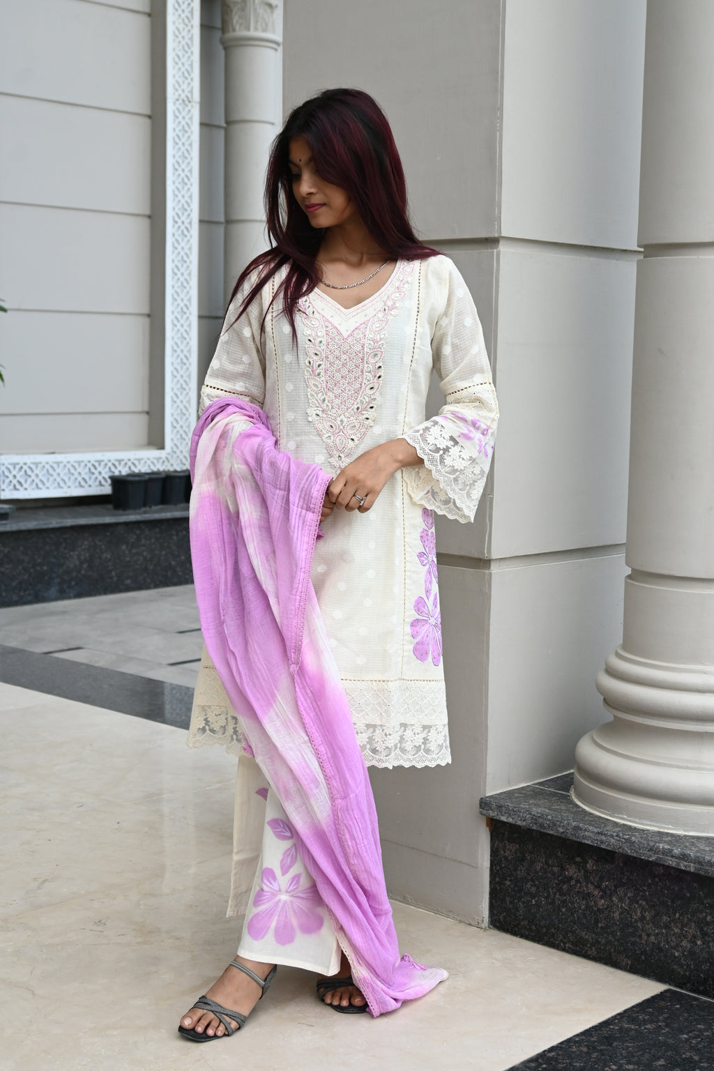 Ivory White Kurti Set with Pink Embroidered Yoke & Tie-Dye Dupatta