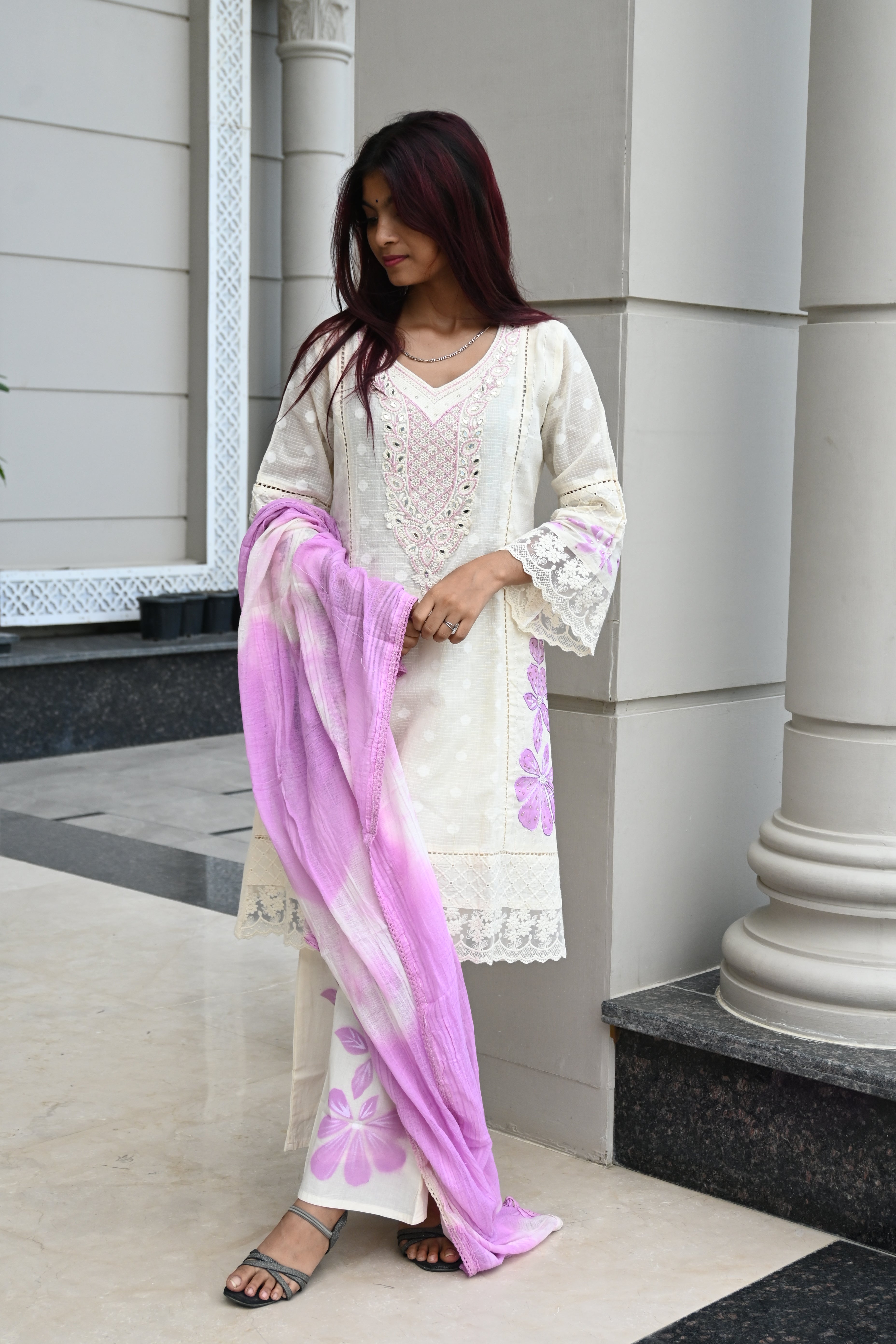 Ivory White Kurti Set with Pink Embroidered Yoke & Tie-Dye Dupatta