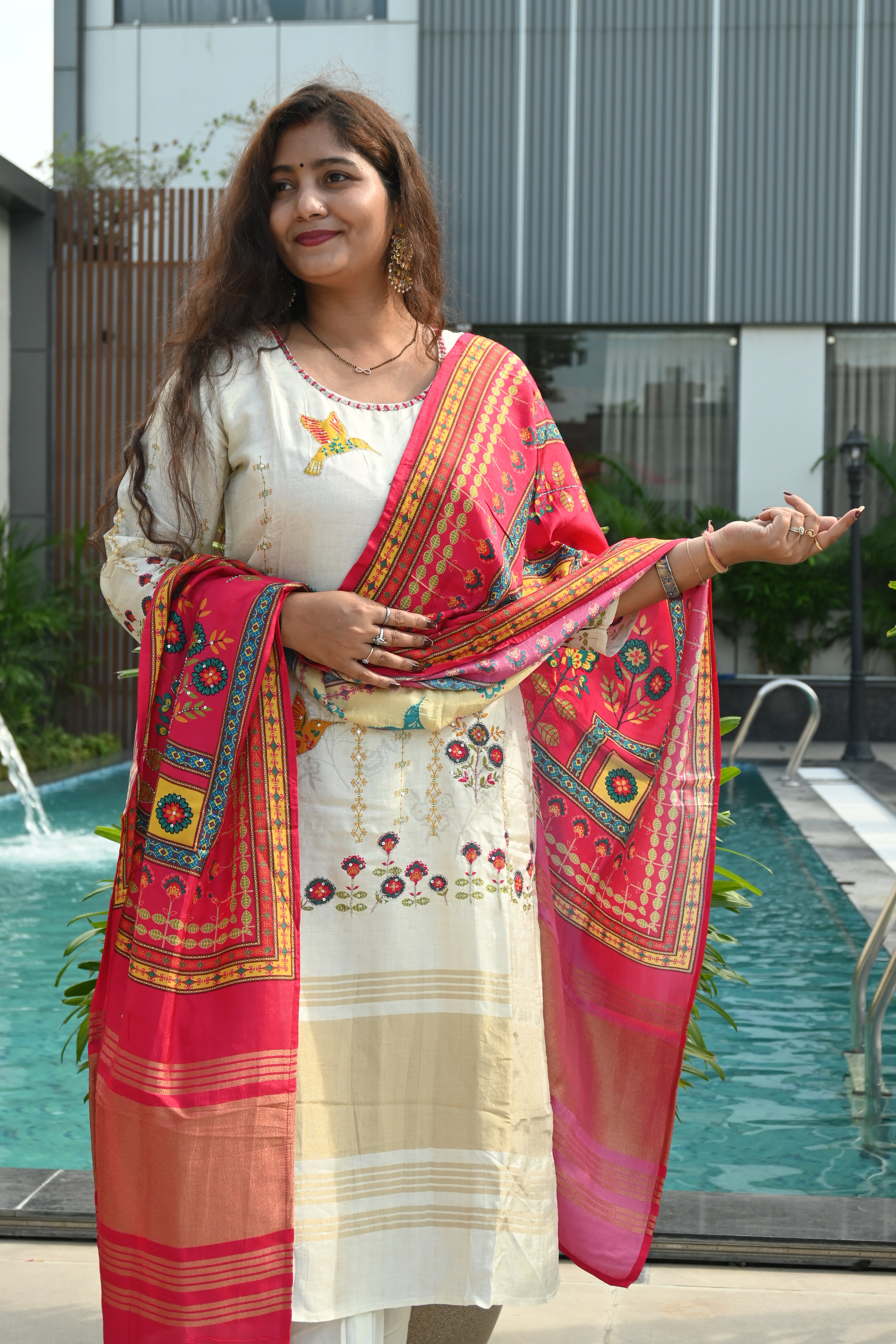 Ivory Charm Printed Kurta Set with Phulkari-Inspired Dupatta
