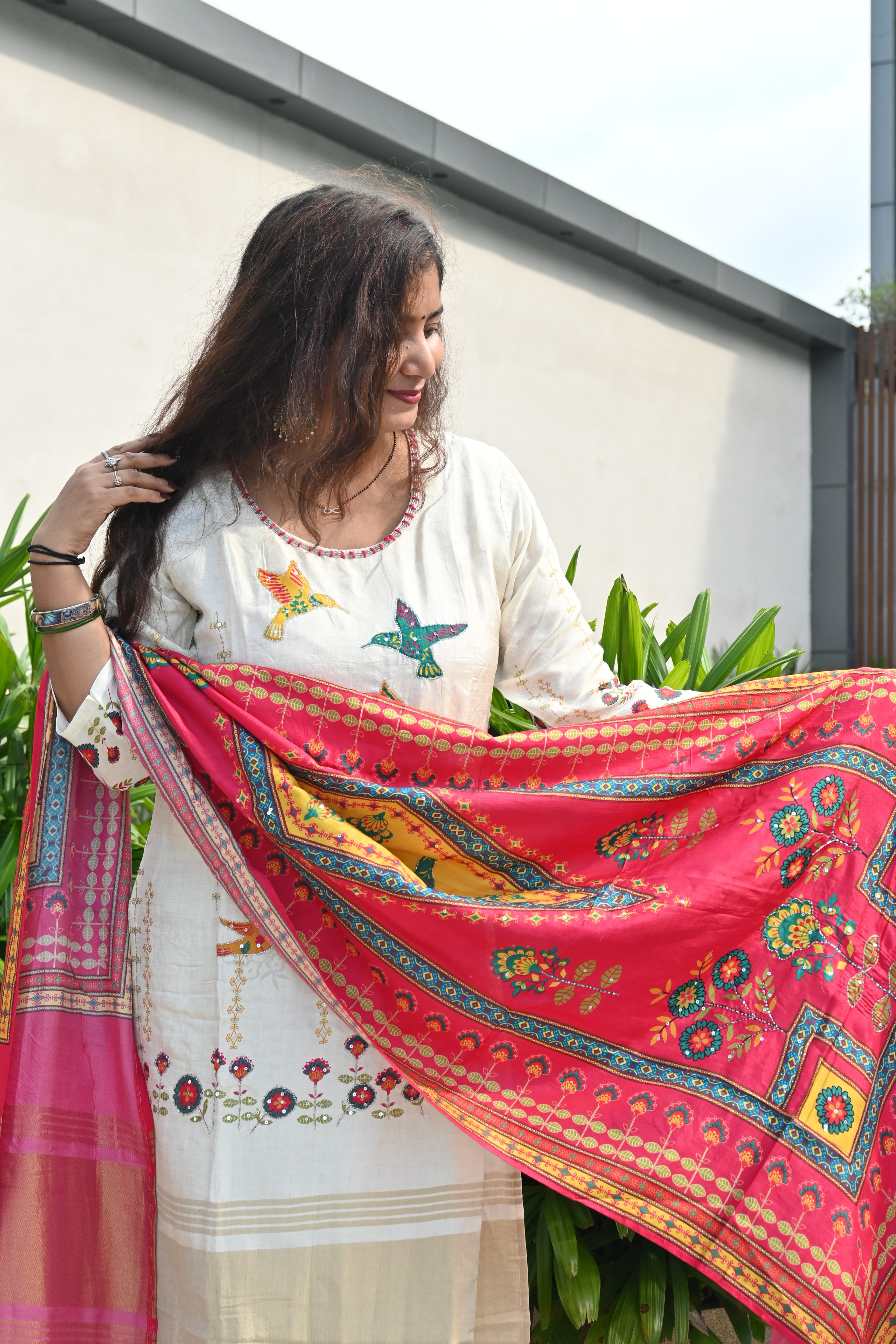 Ivory Charm Printed Kurta Set with Phulkari-Inspired Dupatta