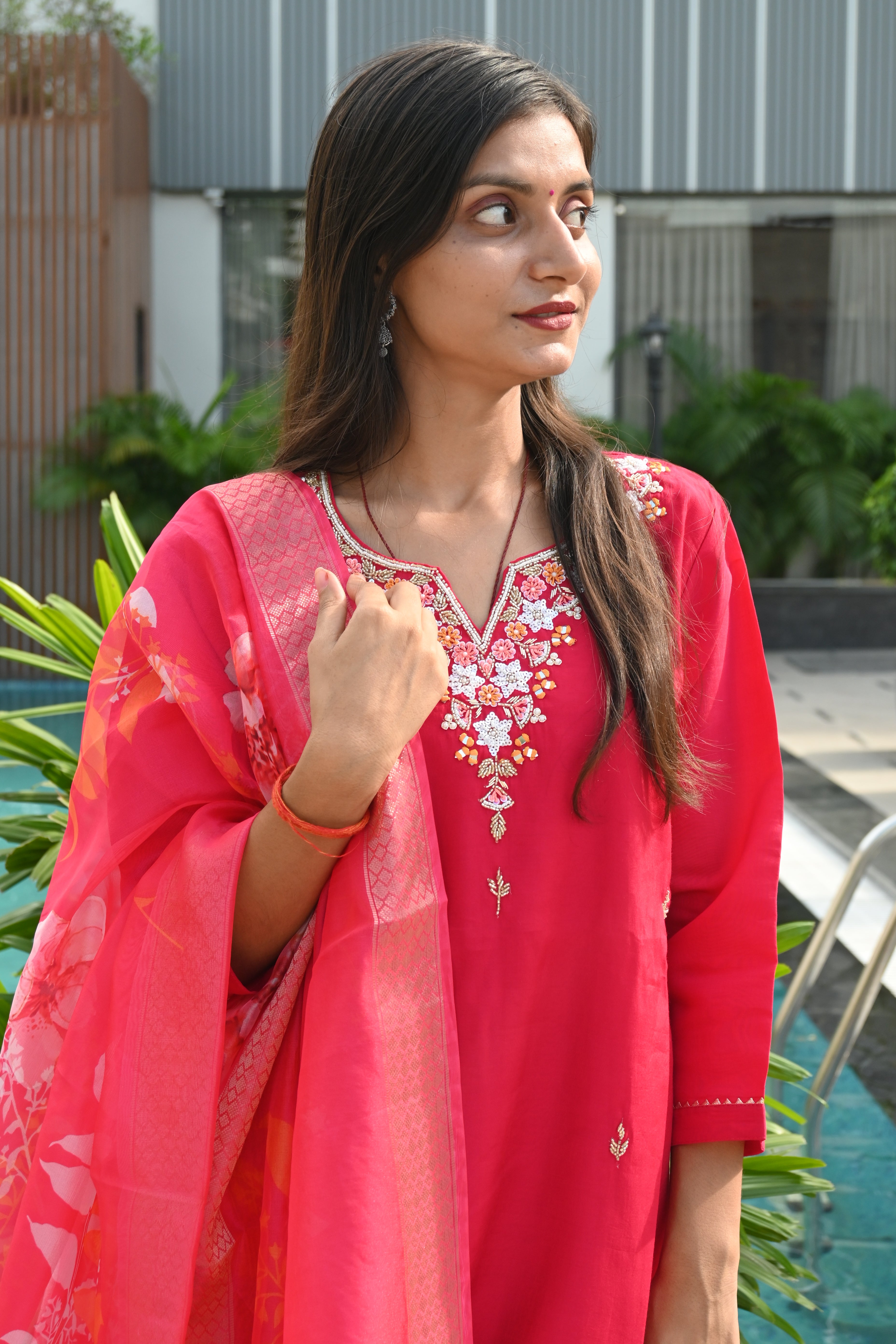 Crimson Red Floral Kurti Set with Embroidered Neckline & Printed Dupatta