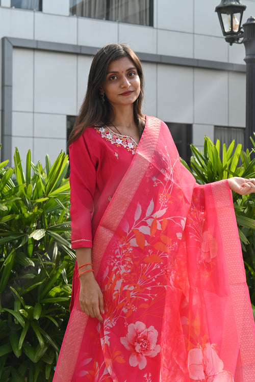 Crimson Red Floral Kurti Set with Embroidered Neckline & Printed Dupatta