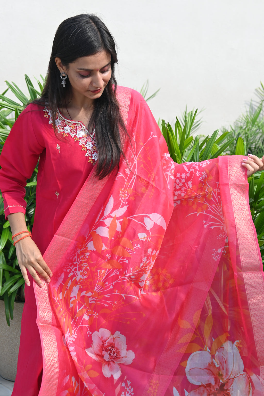 Crimson Red Floral Kurti Set with Embroidered Neckline & Printed Dupatta