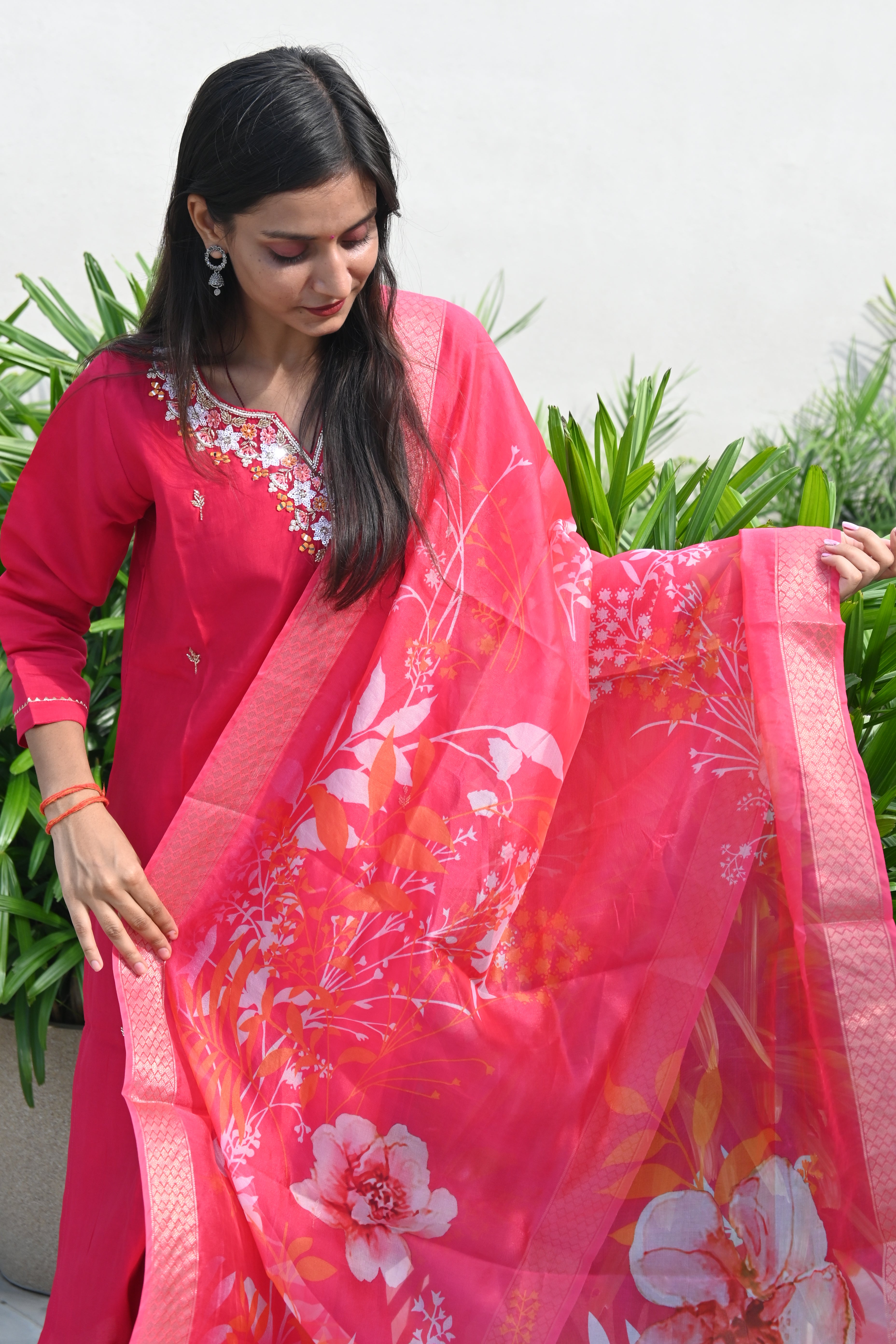 Crimson Red Floral Kurti Set with Embroidered Neckline & Printed Dupatta