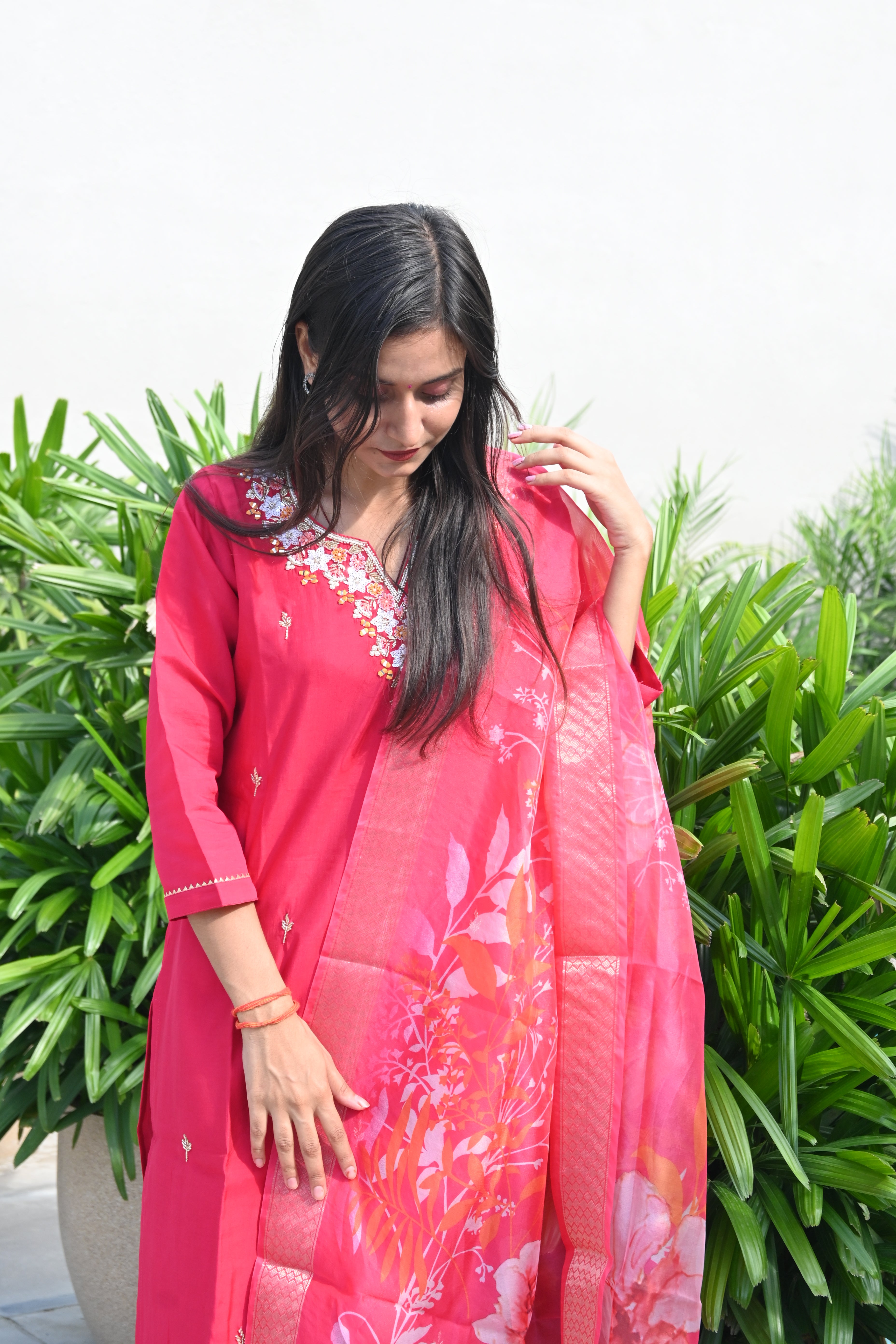 Crimson Red Floral Kurti Set with Embroidered Neckline & Printed Dupatta