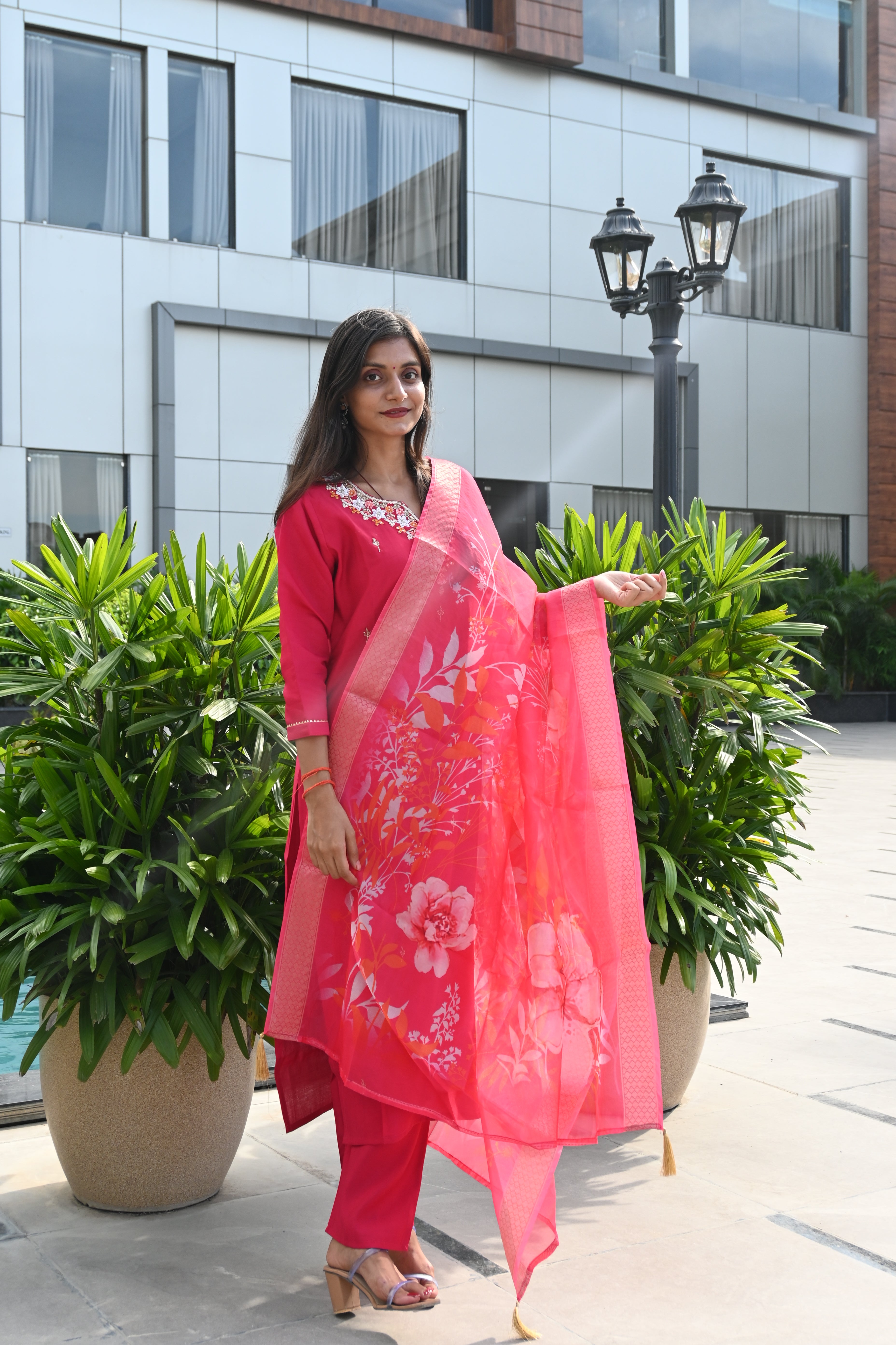 Crimson Red Floral Kurti Set with Embroidered Neckline & Printed Dupatta