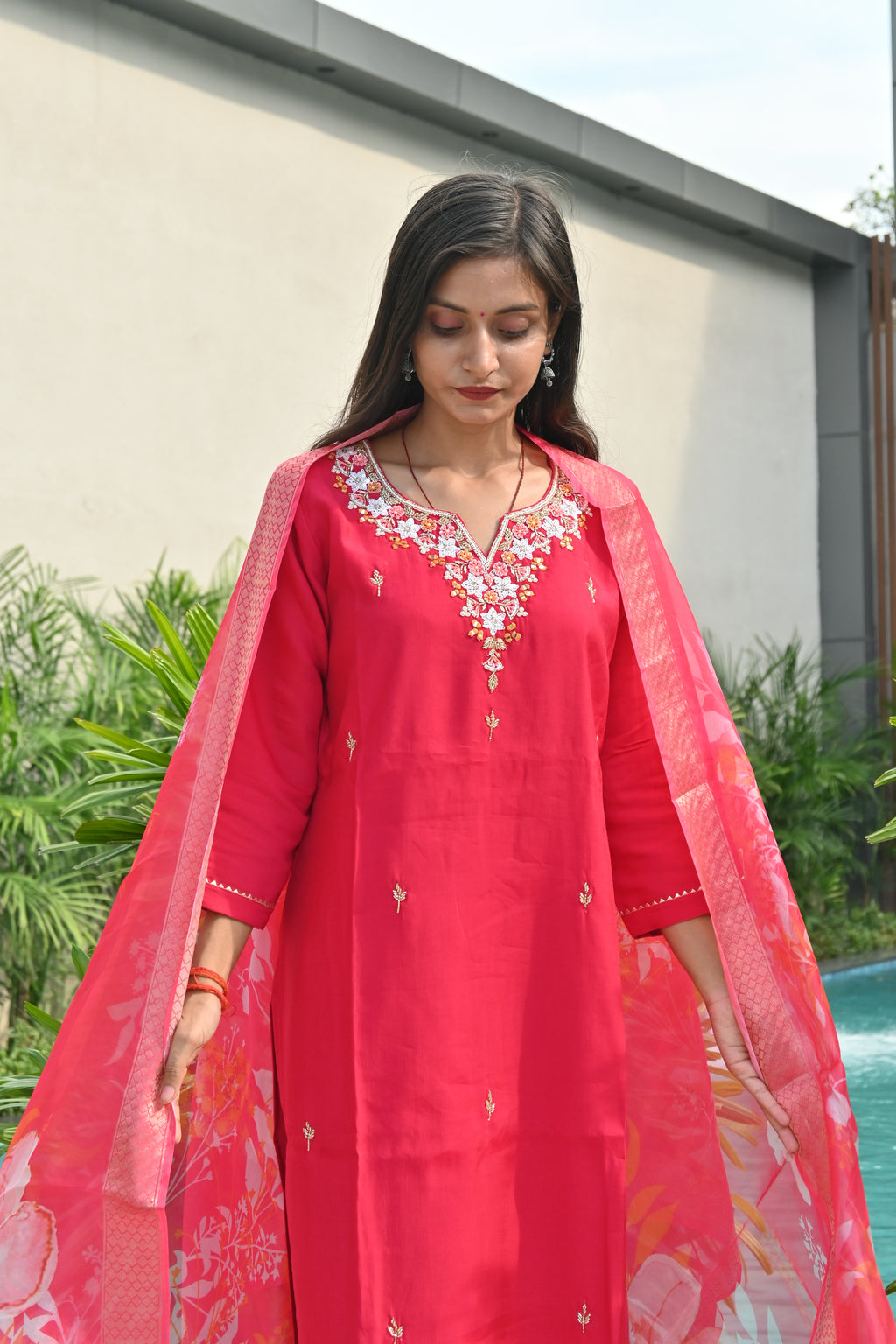 Crimson Red Floral Kurti Set with Embroidered Neckline & Printed Dupatta
