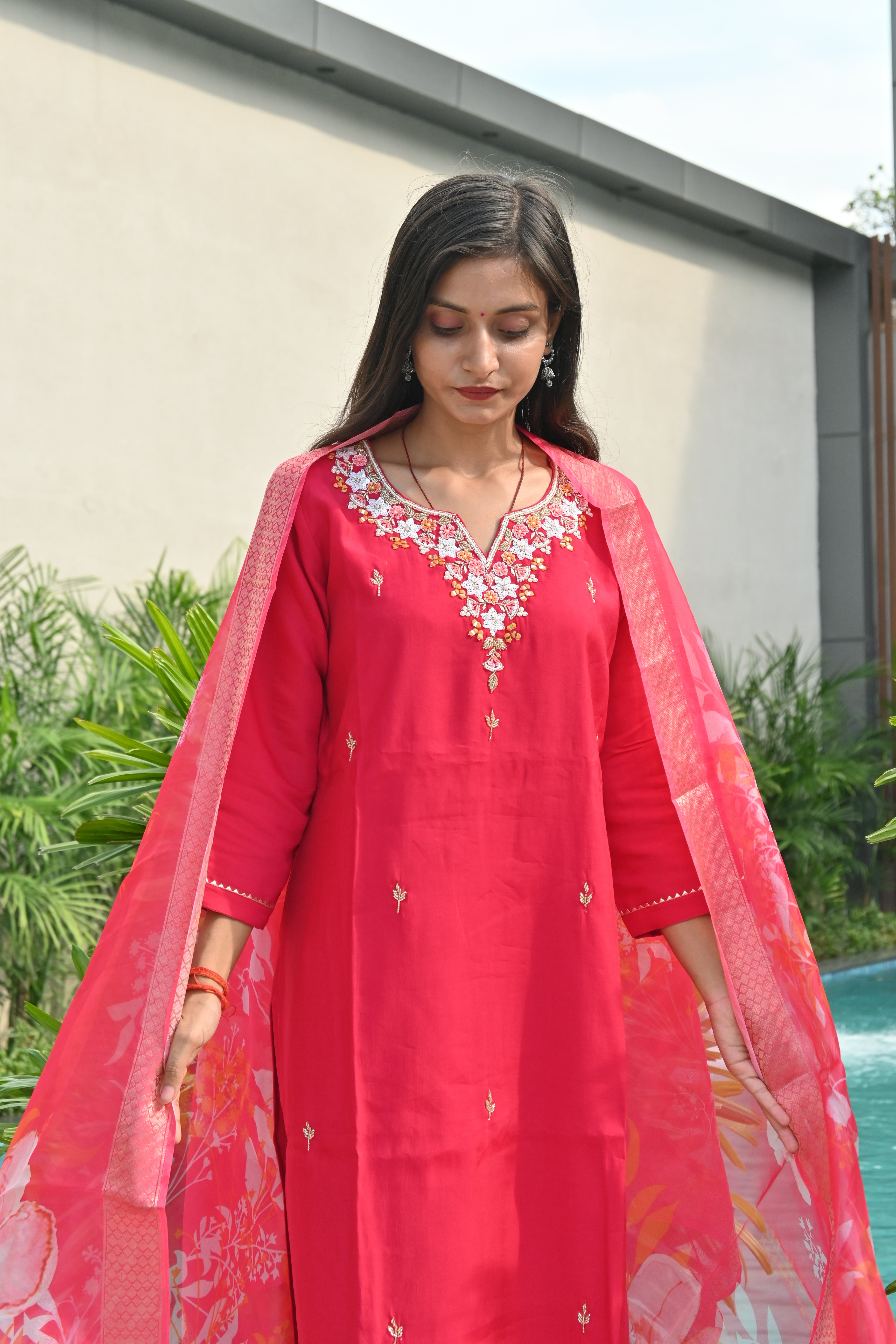 Crimson Red Floral Kurti Set with Embroidered Neckline & Printed Dupatta