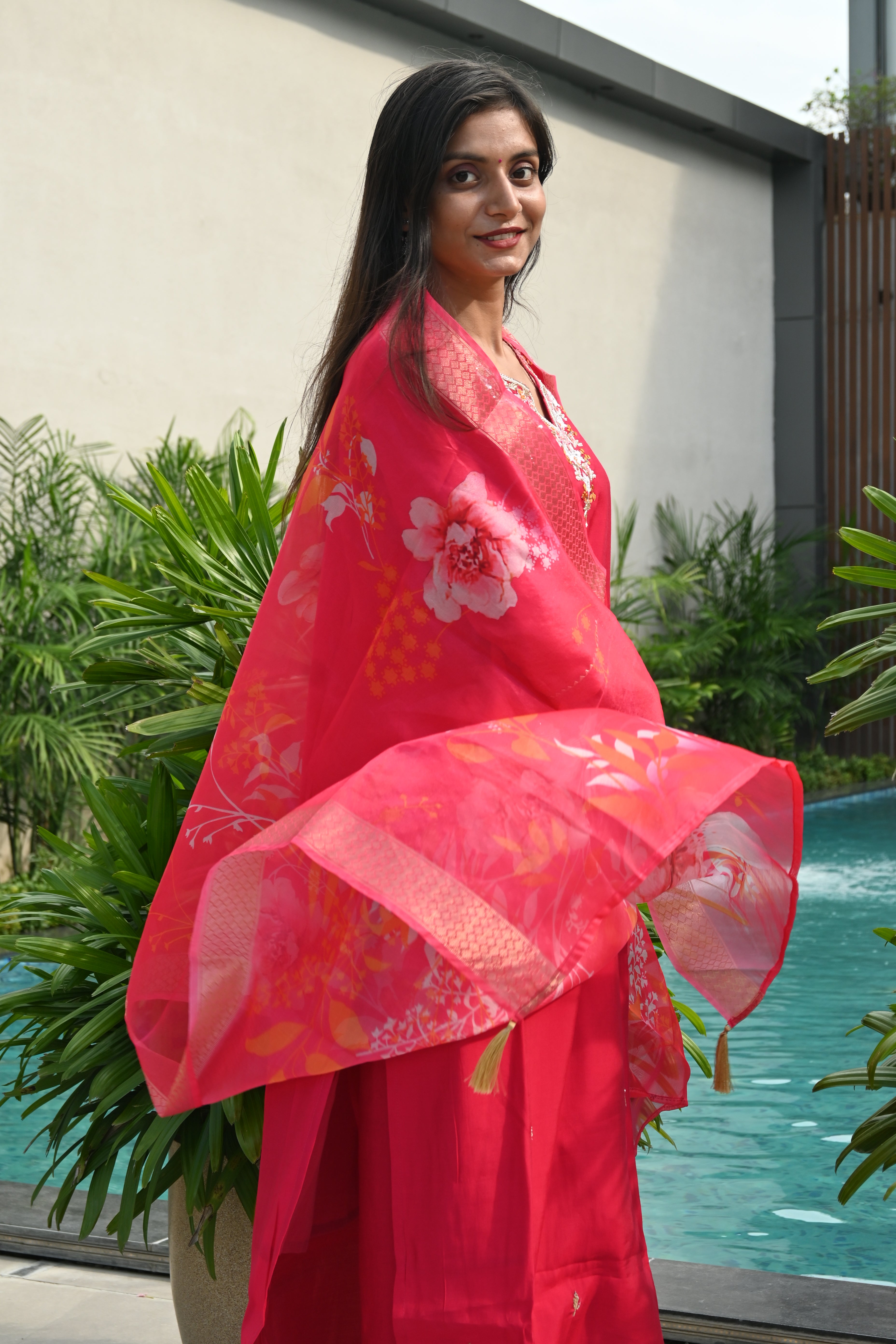 Crimson Red Floral Kurti Set with Embroidered Neckline & Printed Dupatta