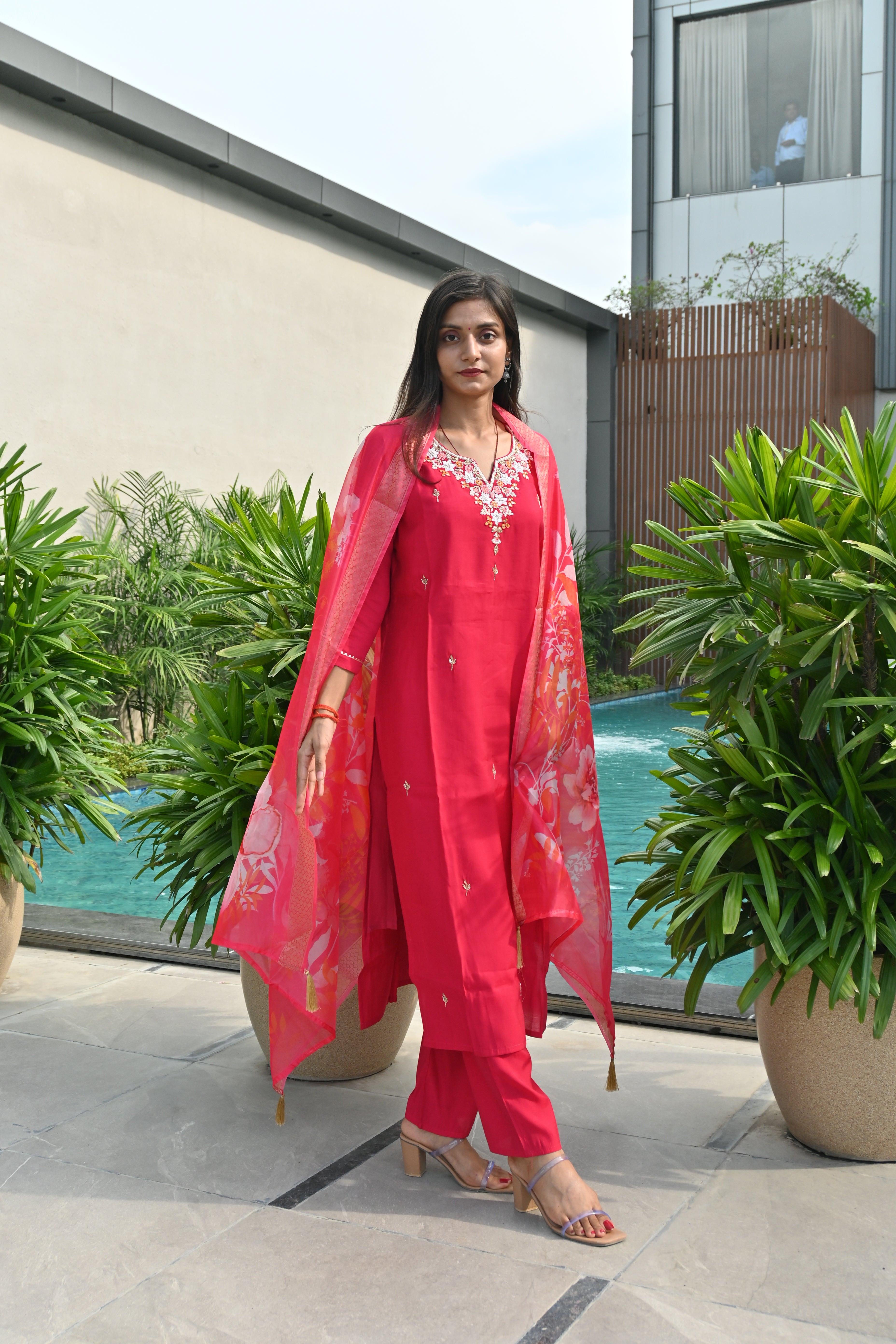 Crimson Red Floral Kurti Set with Embroidered Neckline & Printed Dupatta