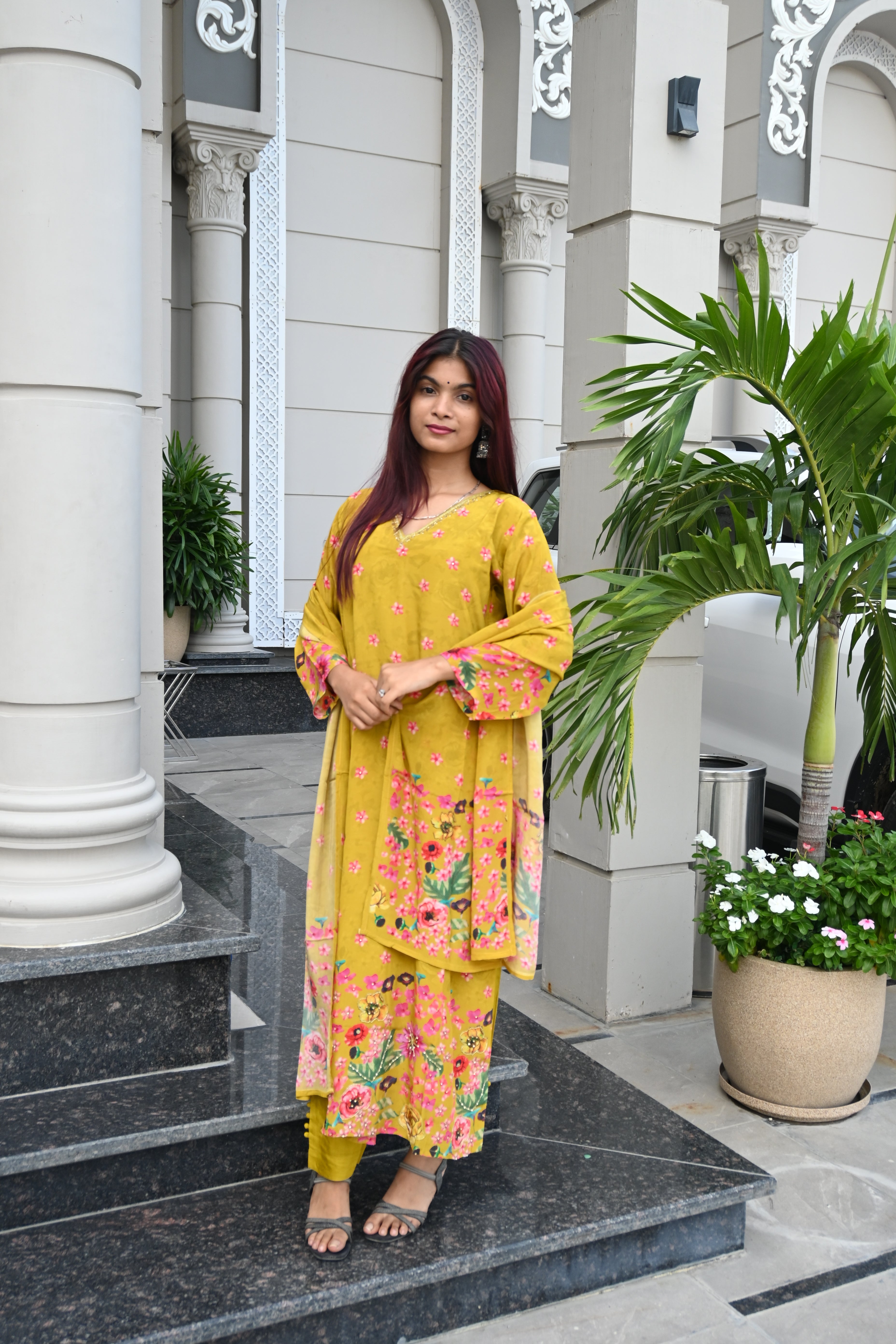 Mustard Yellow Floral Kurti Set with Printed Dupatta