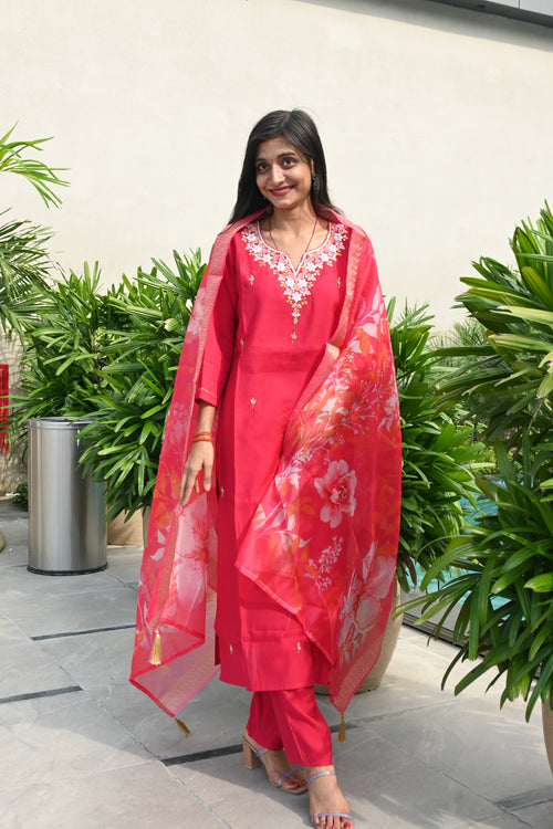 Crimson Red Floral Kurti Set with Embroidered Neckline & Printed Dupatta