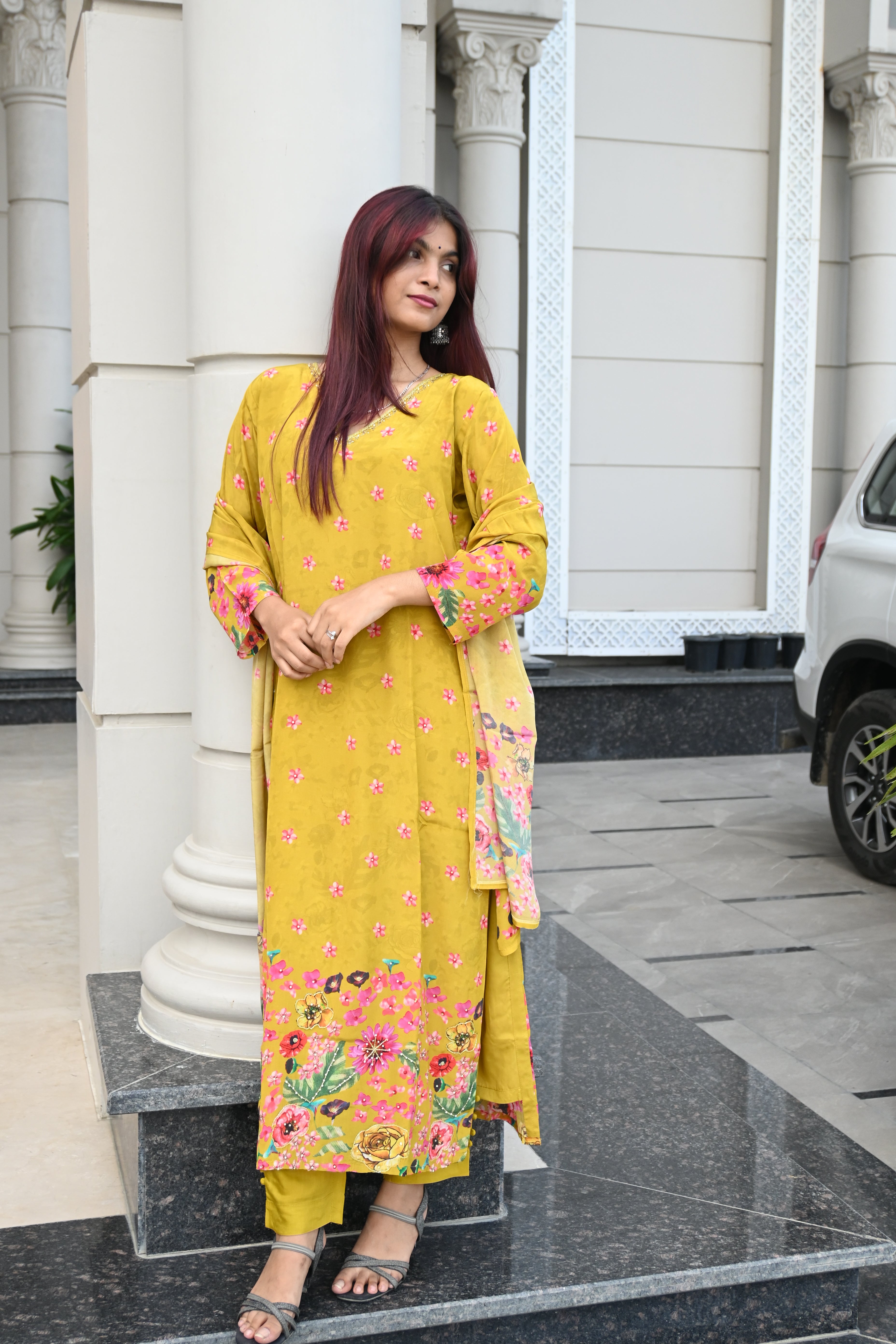Mustard Yellow Floral Kurti Set with Printed Dupatta