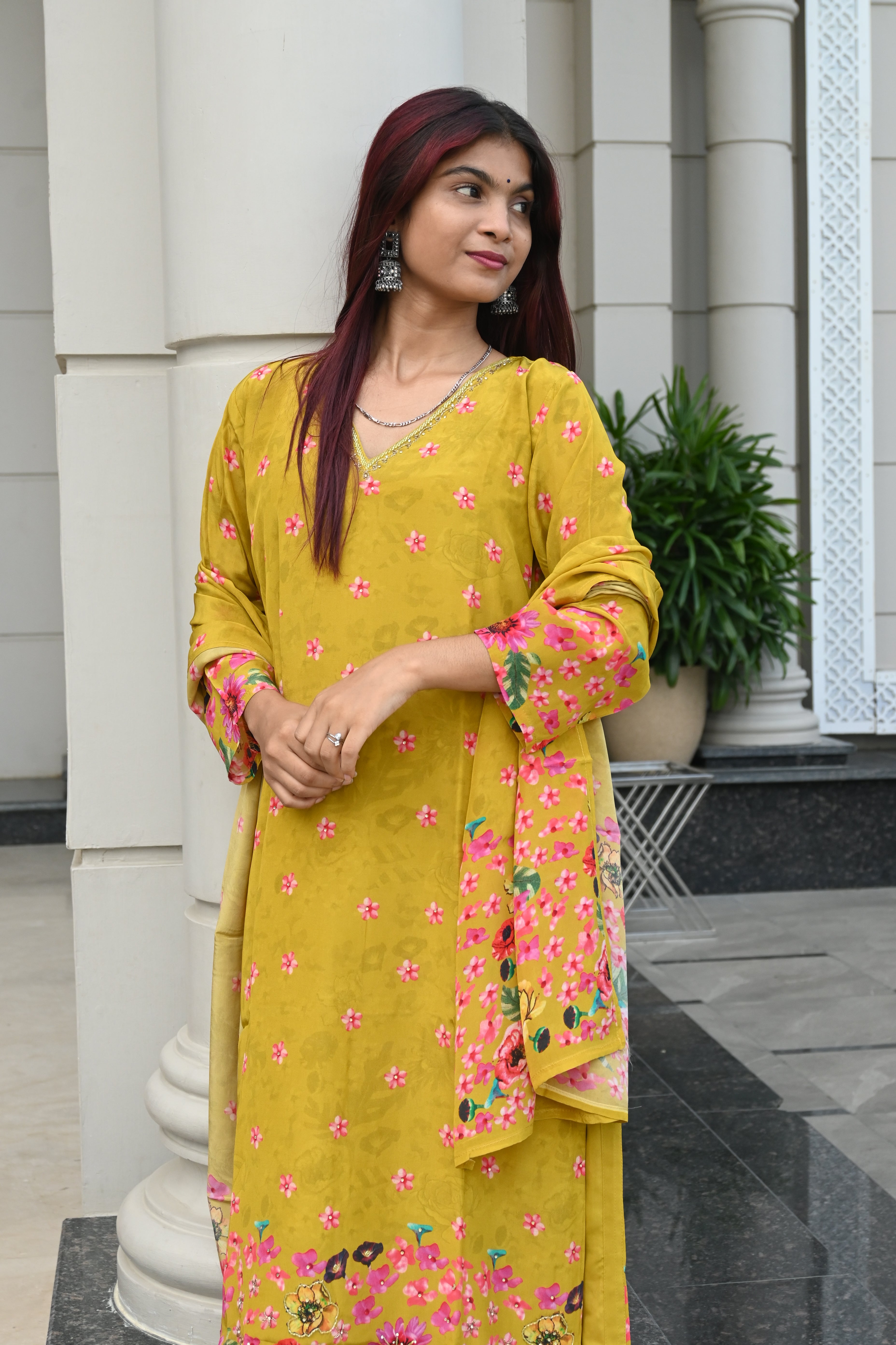 Mustard Yellow Floral Kurti Set with Printed Dupatta