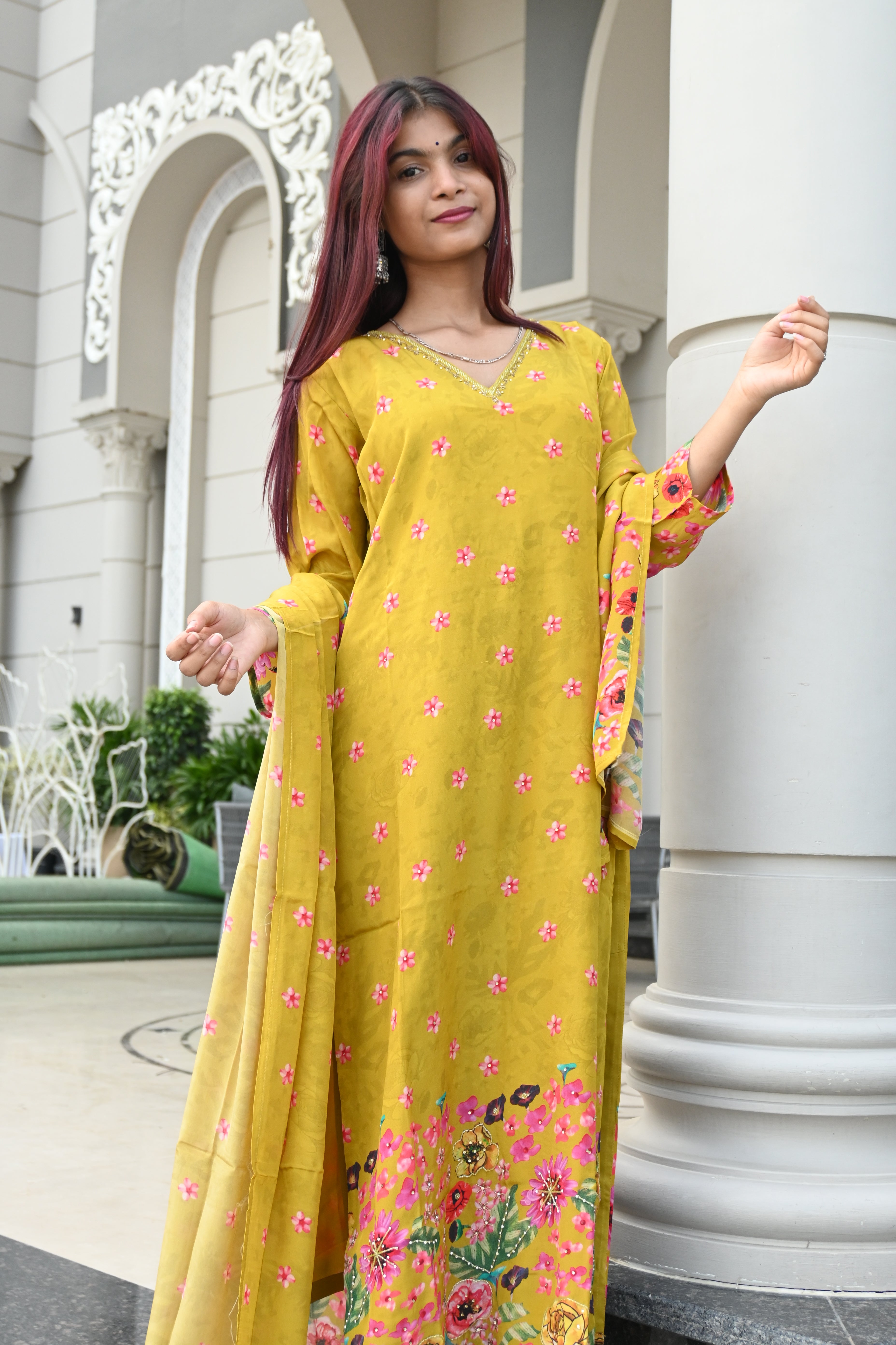 Mustard Yellow Floral Kurti Set with Printed Dupatta