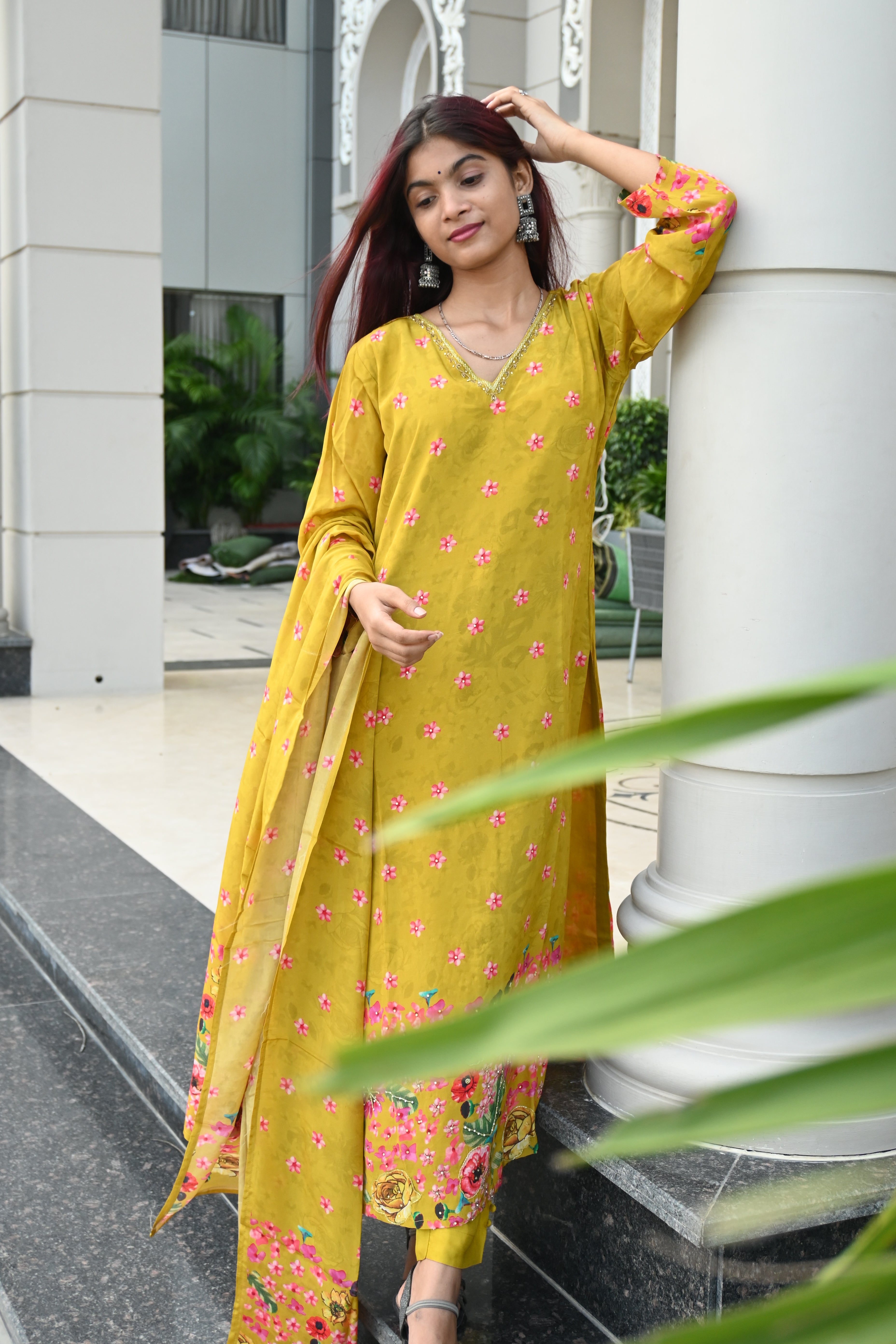 Mustard Yellow Floral Kurti Set with Printed Dupatta