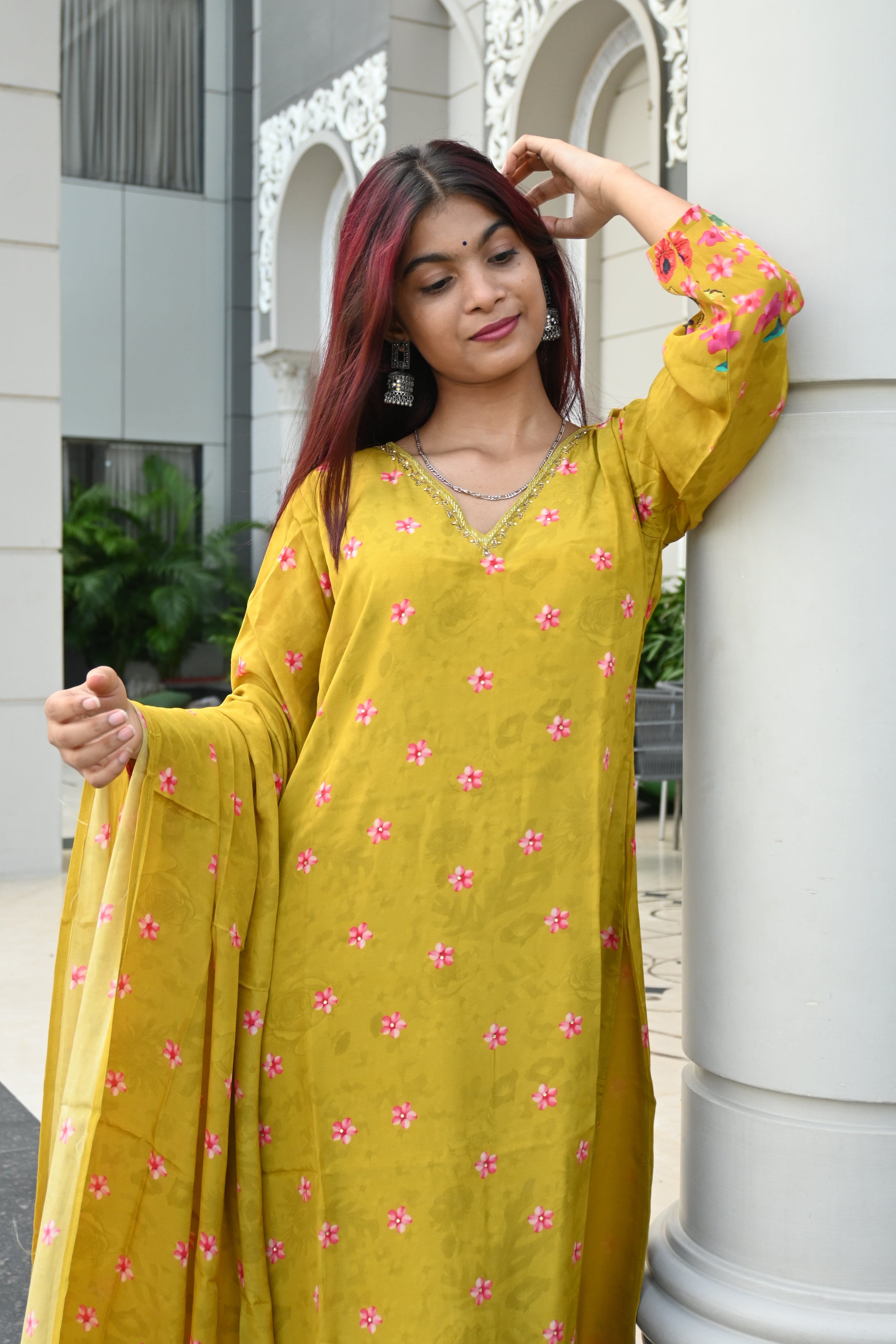 Mustard Yellow Floral Kurti Set with Printed Dupatta