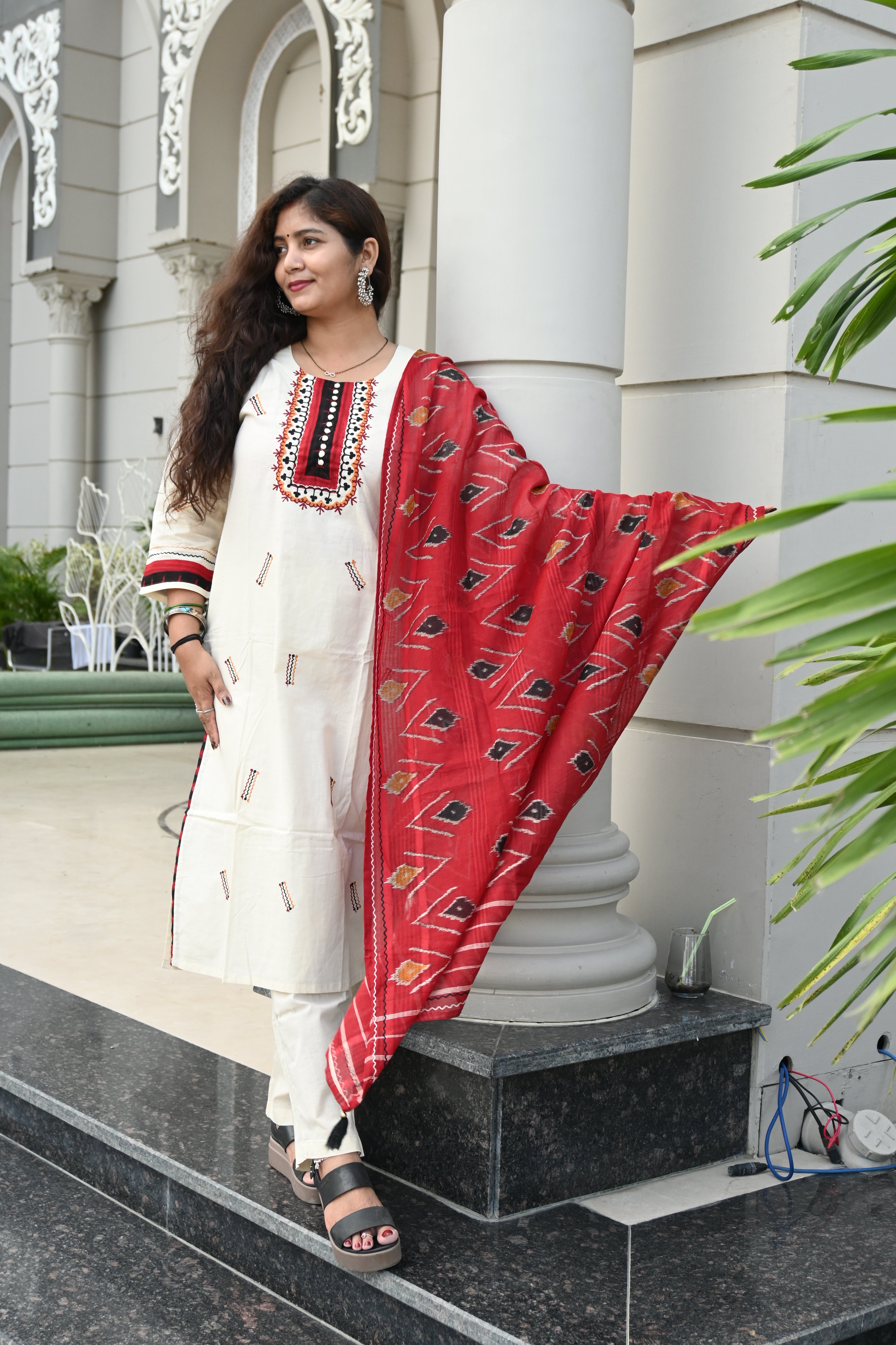 Off-White Kurti Set with Red Embroidered Yoke & Ikat Dupatta