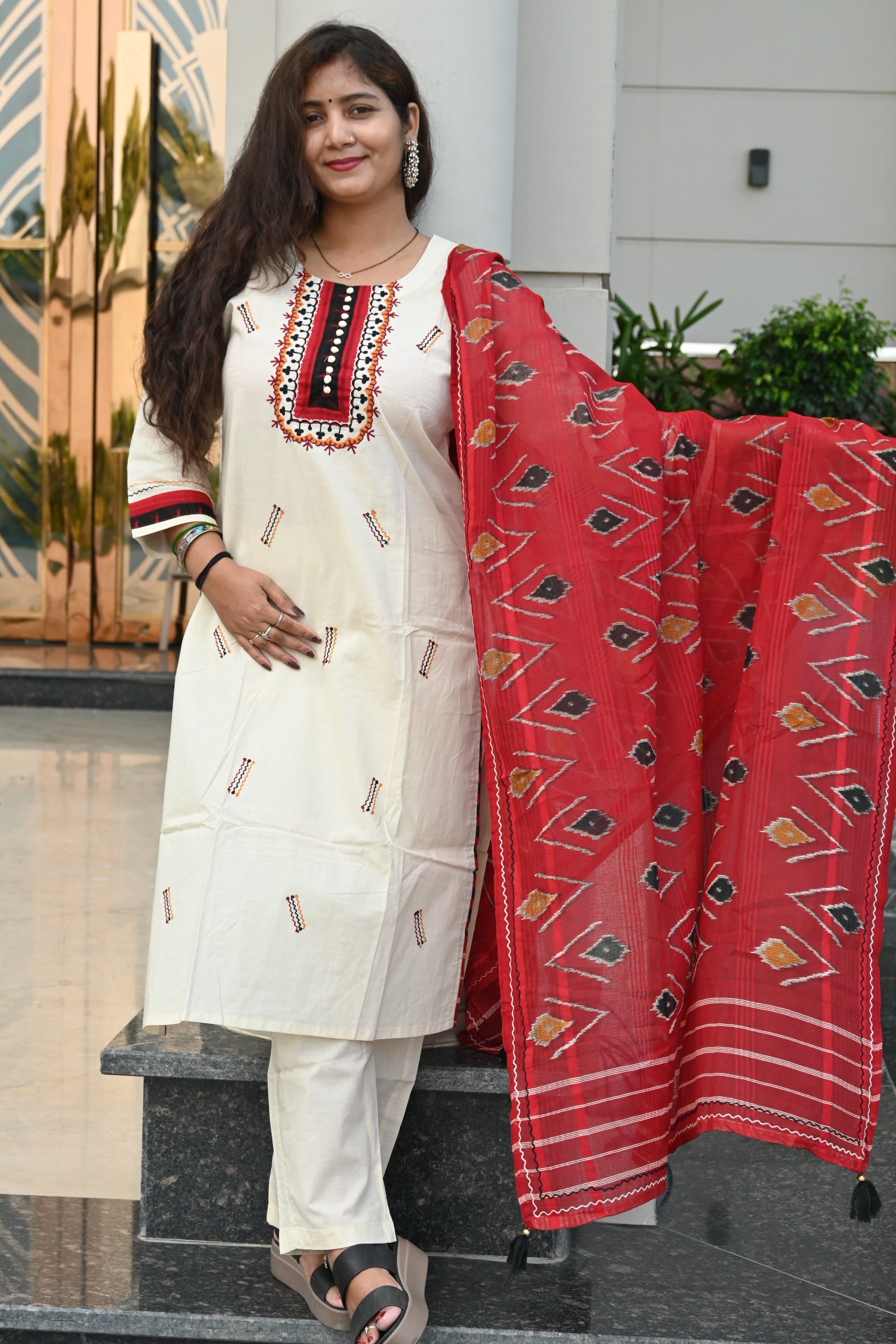 Off-White Kurti Set with Red Embroidered Yoke & Ikat Dupatta