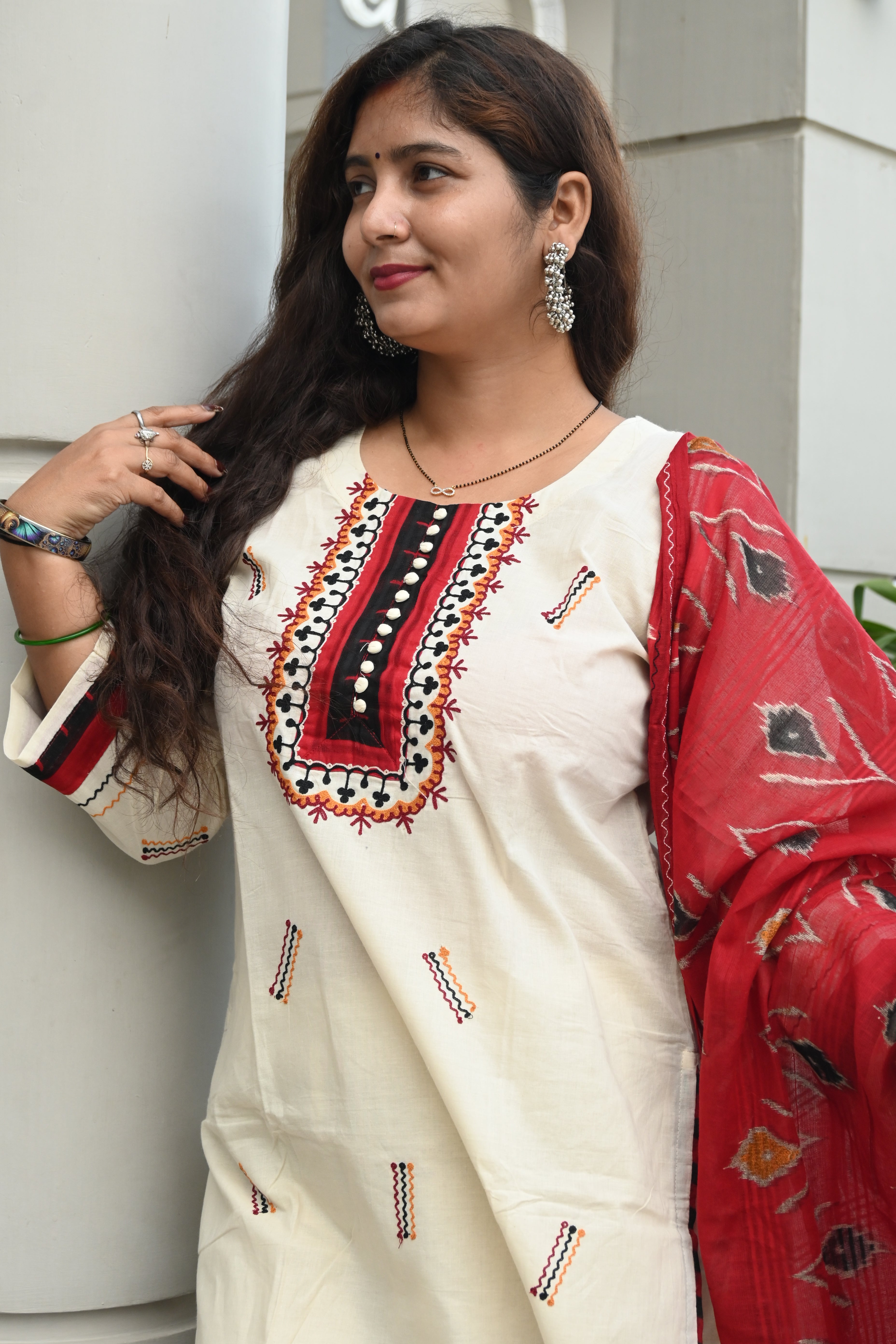 Off-White Kurti Set with Red Embroidered Yoke & Ikat Dupatta