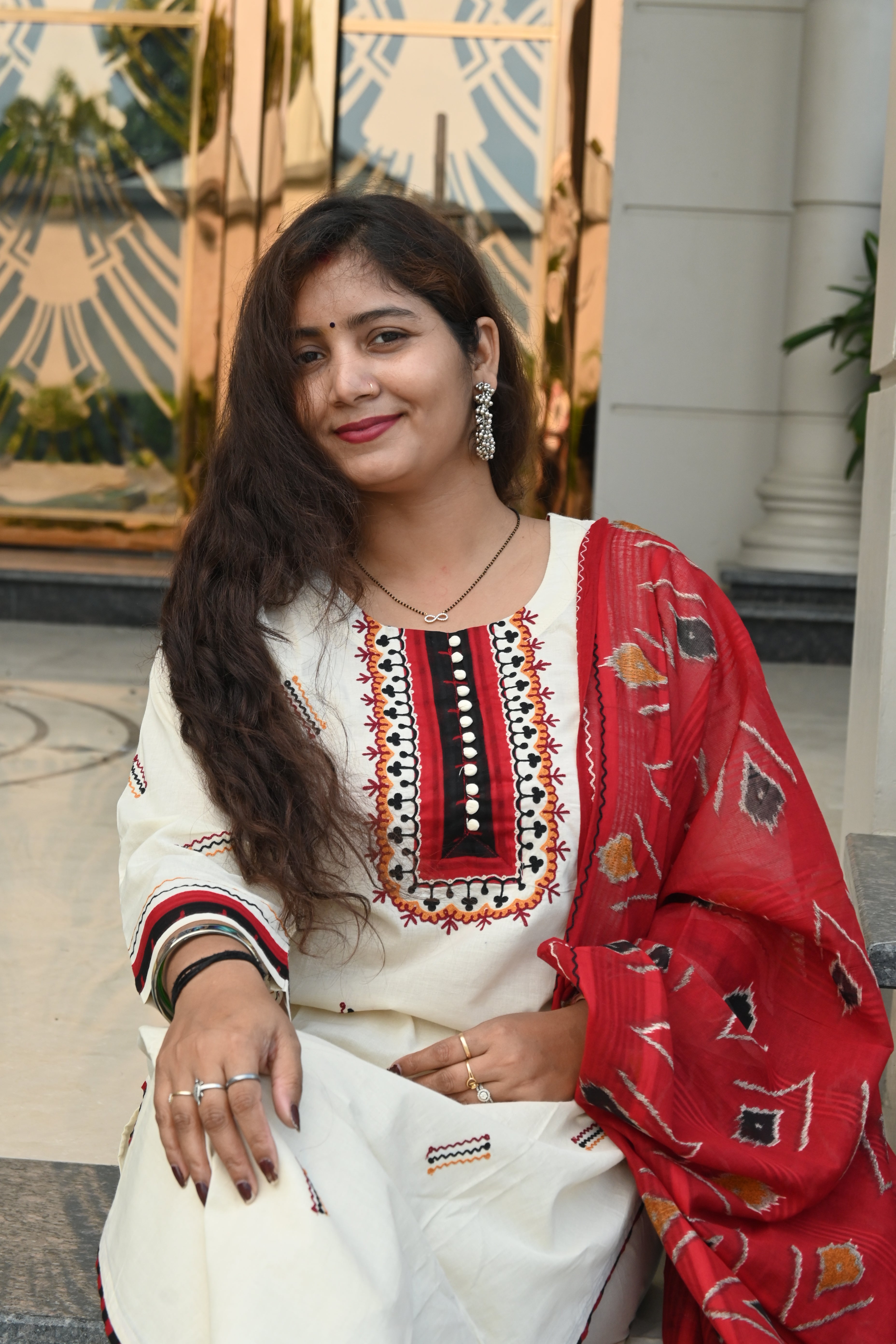 Off-White Kurti Set with Red Embroidered Yoke & Ikat Dupatta