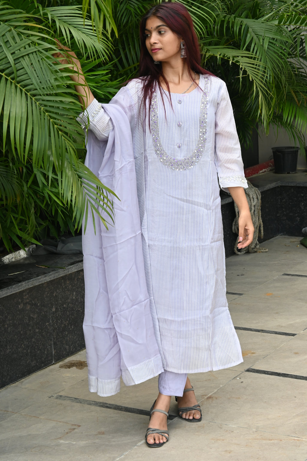 Lilac Luxe Striped Mirror Work Suit Set