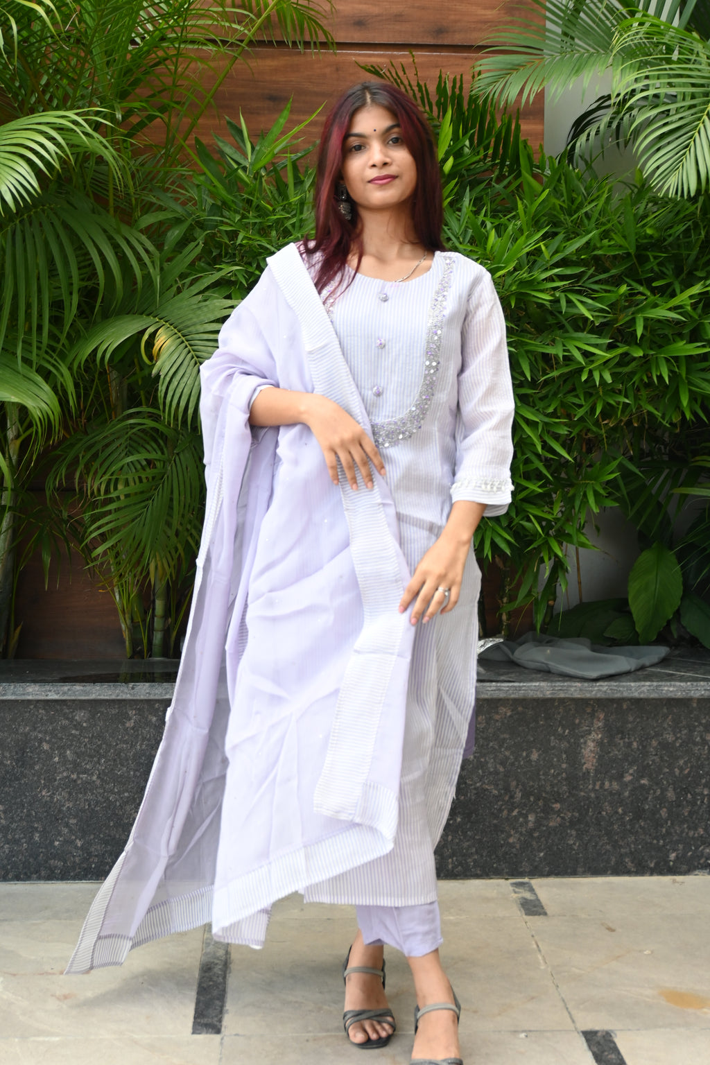 Lilac Luxe Striped Mirror Work Suit Set
