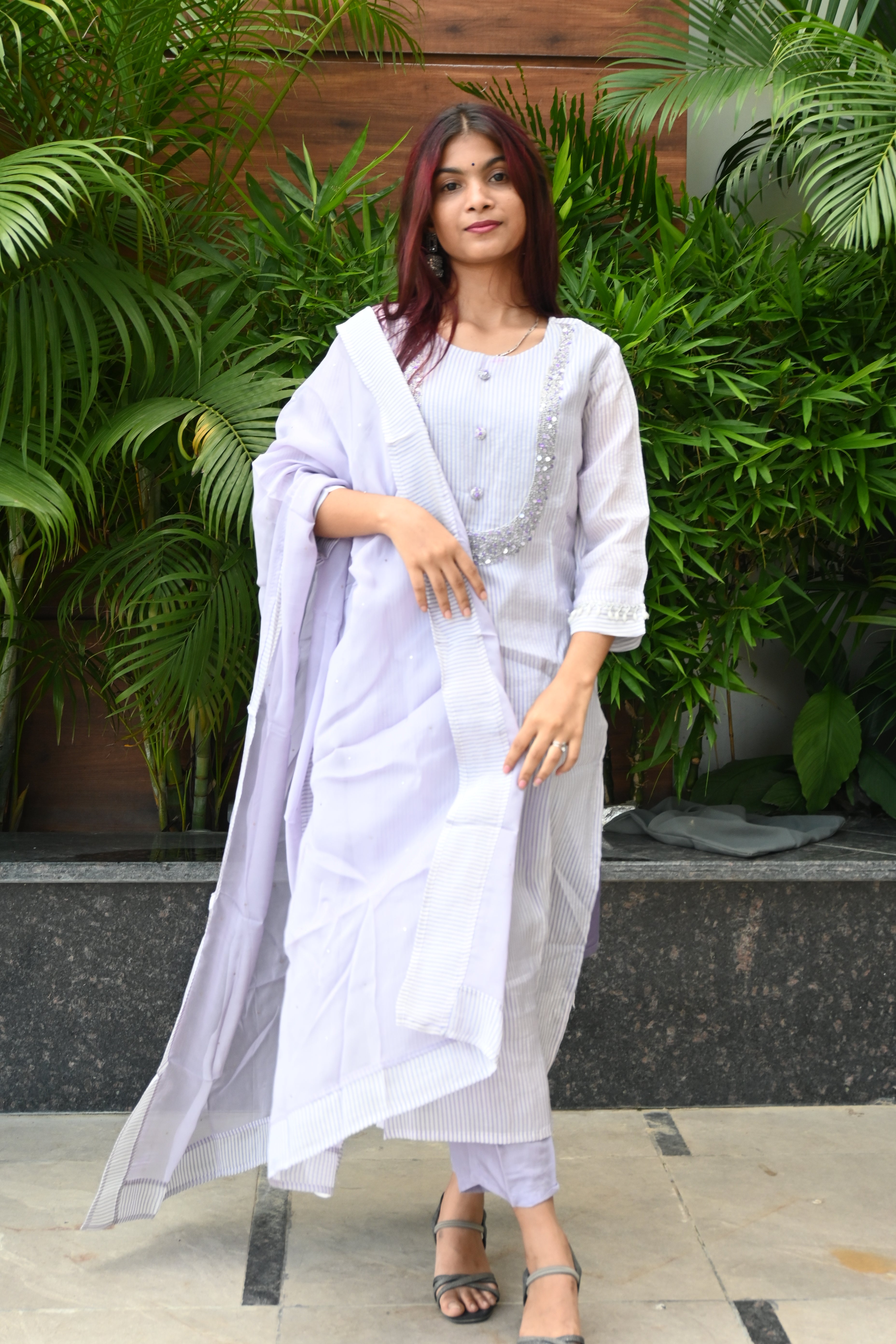 Lilac Luxe Striped Mirror Work Suit Set