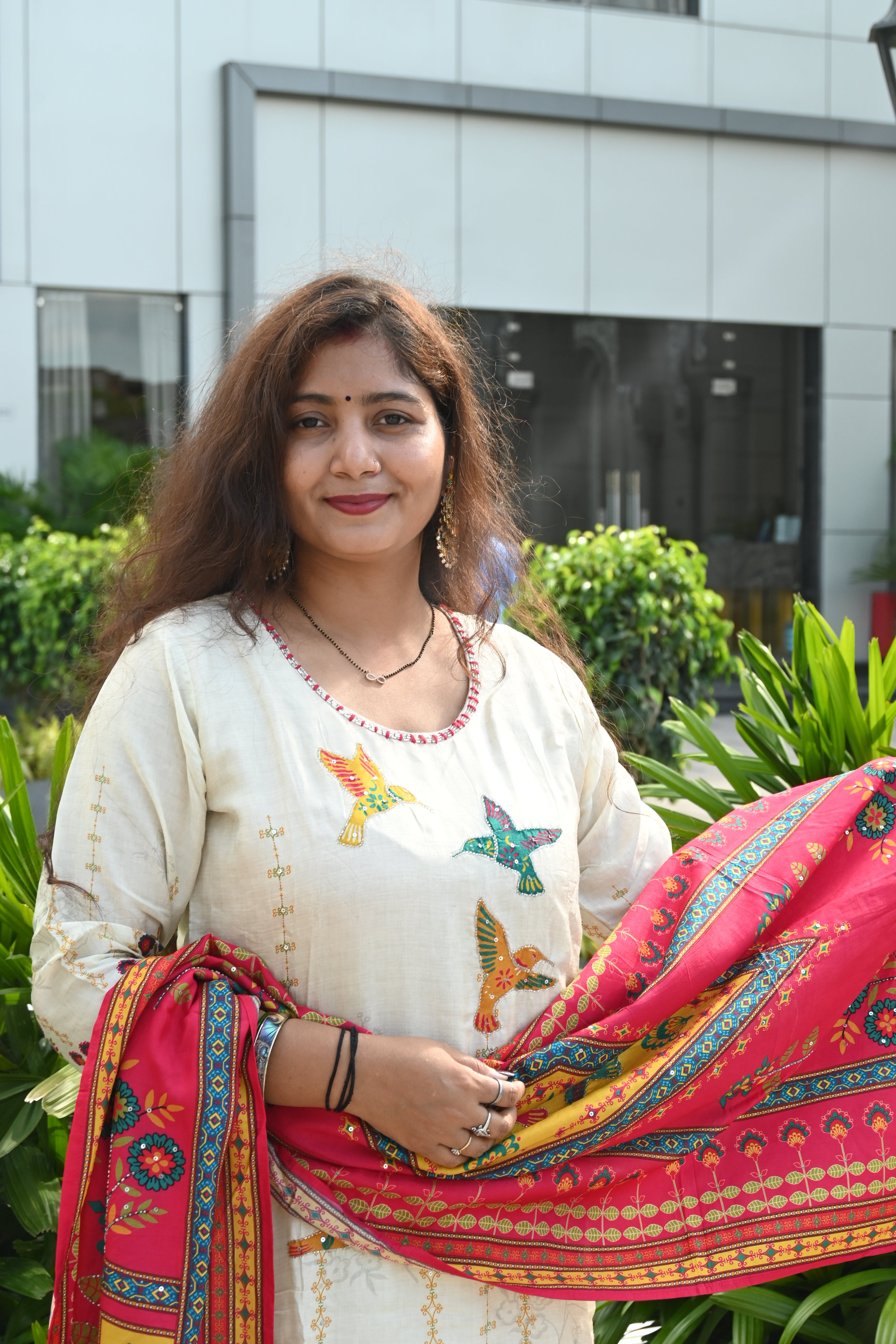 Off-White Kurti Set with Red Embroidered Yoke & Ikat Dupatta