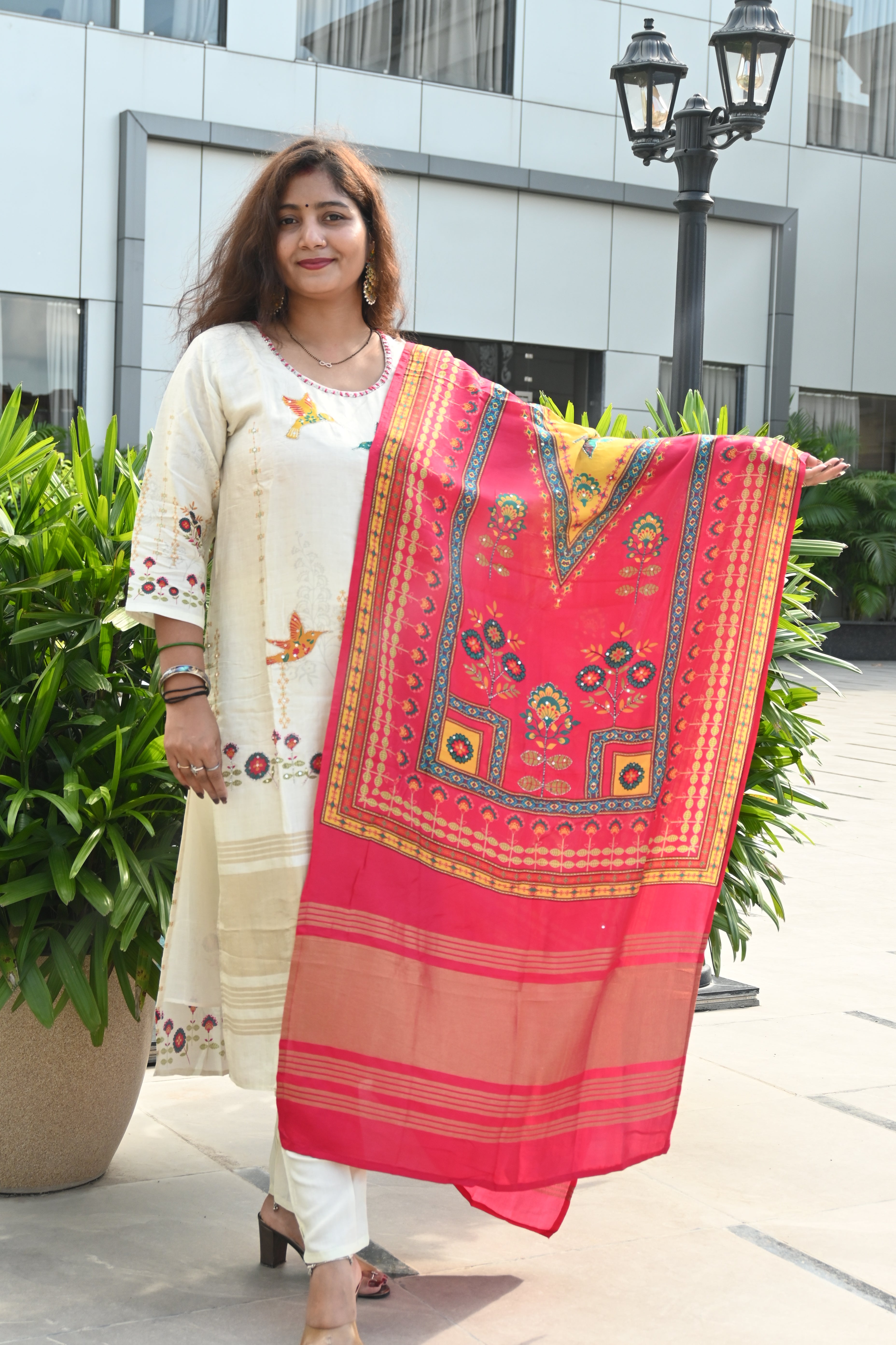 Ivory Charm Printed Kurta Set with Phulkari-Inspired Dupatta