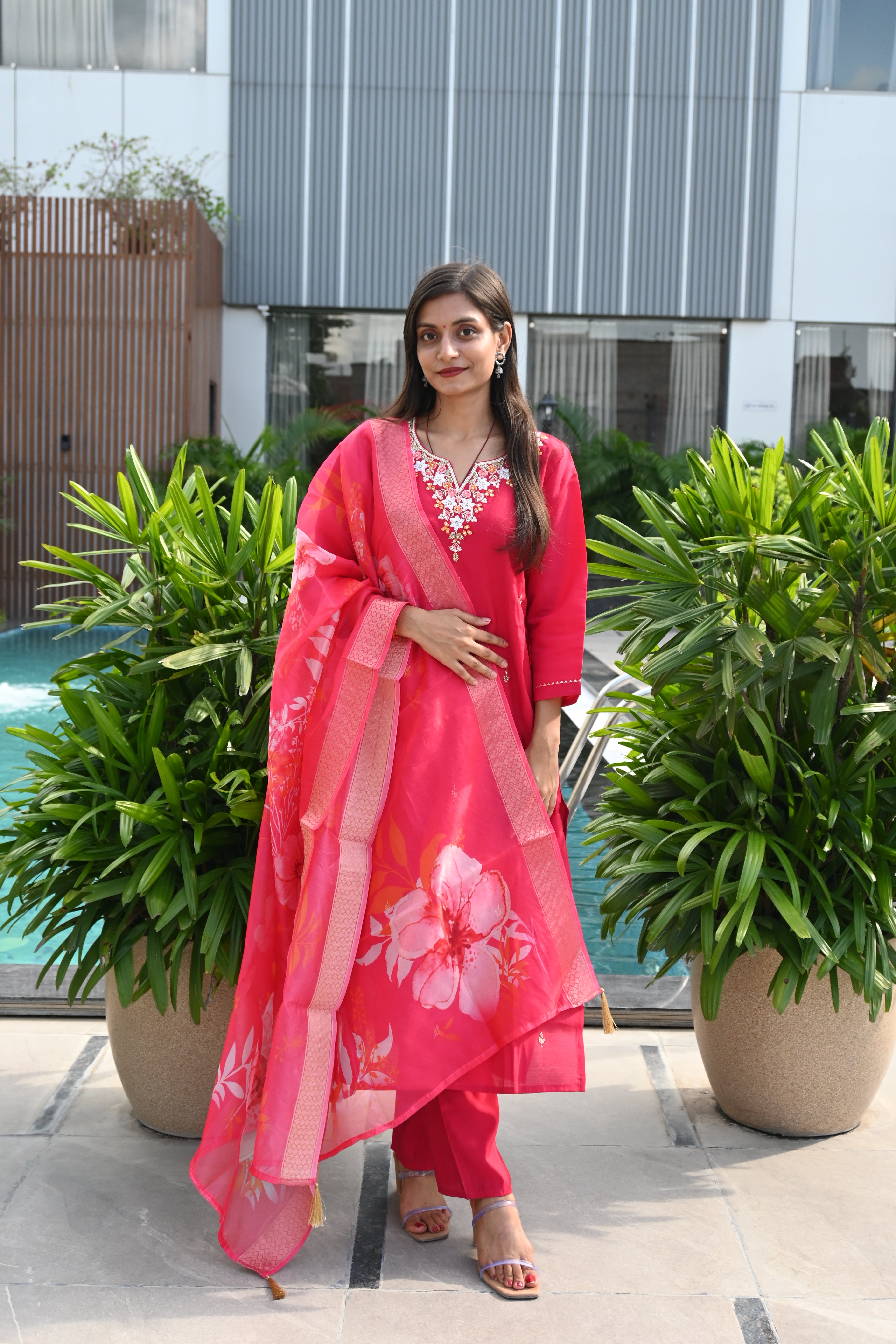 Ivory Charm Printed Kurta Set with Phulkari-Inspired Dupatta