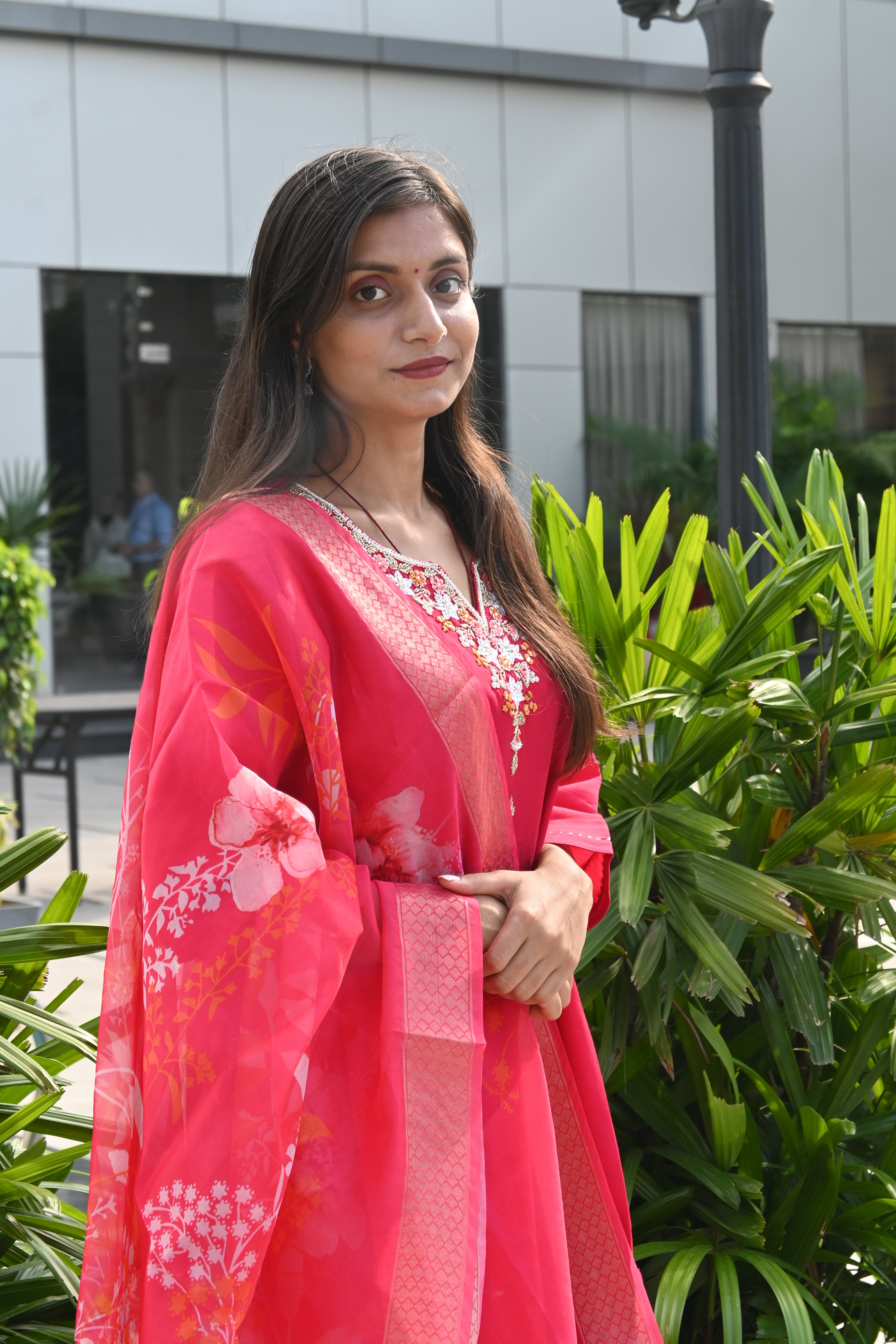 Crimson Red Floral Kurti Set with Embroidered Neckline & Printed Dupatta