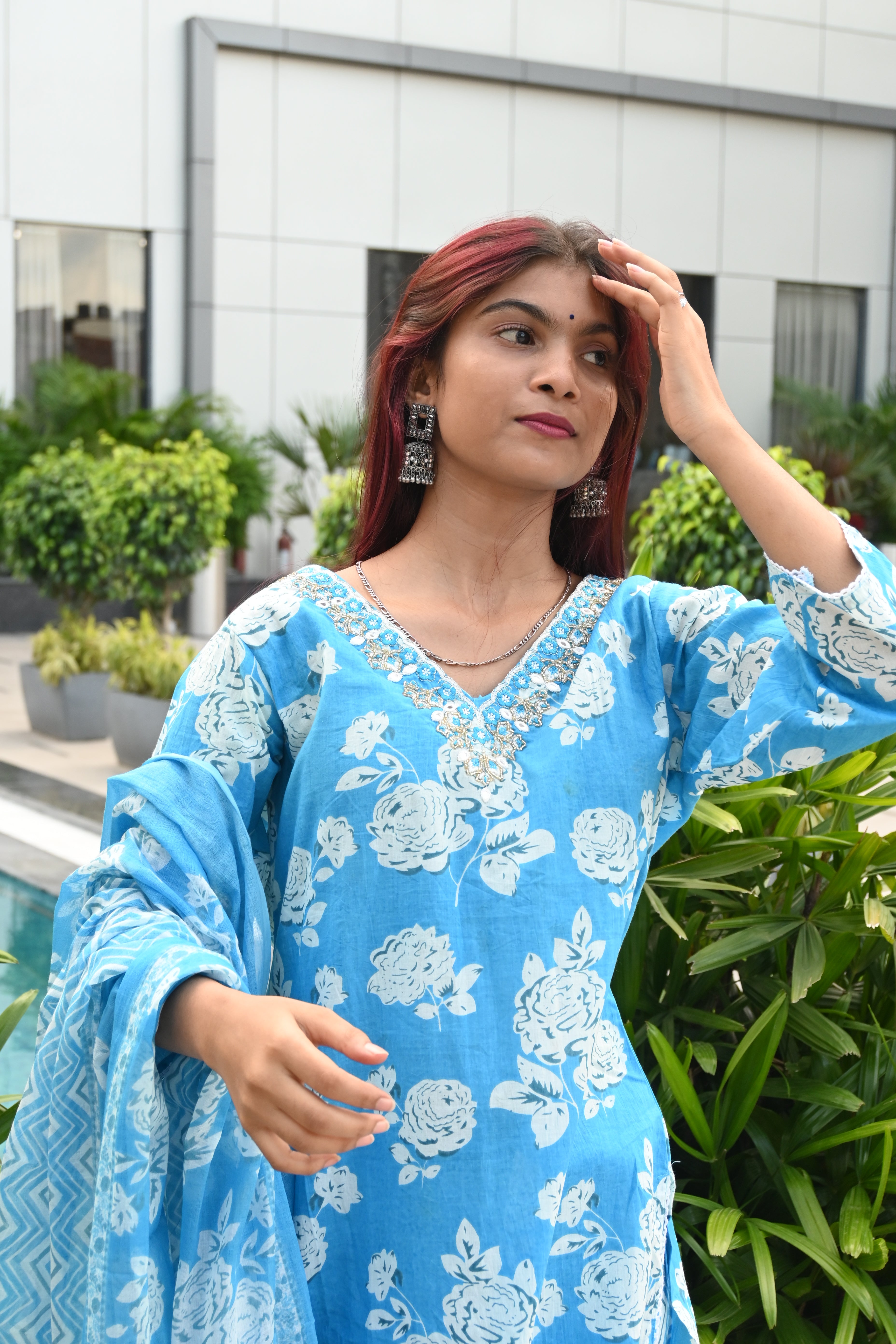 Aqua Bloom Printed Kurti Set with Dupatta