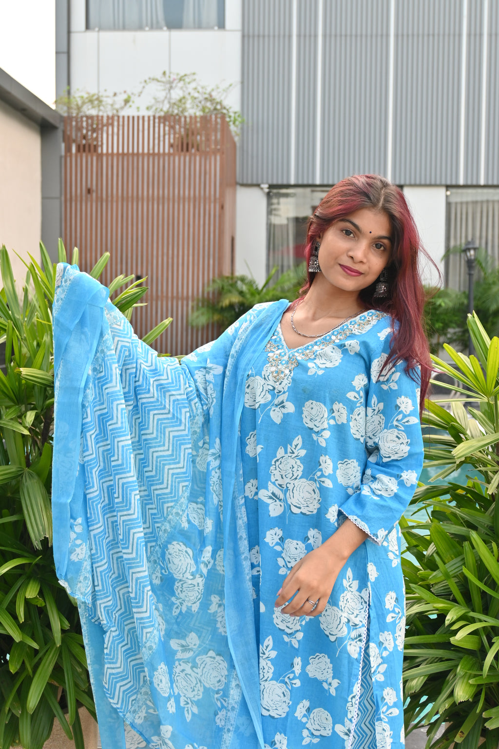 Aqua Bloom Printed Kurti Set with Dupatta