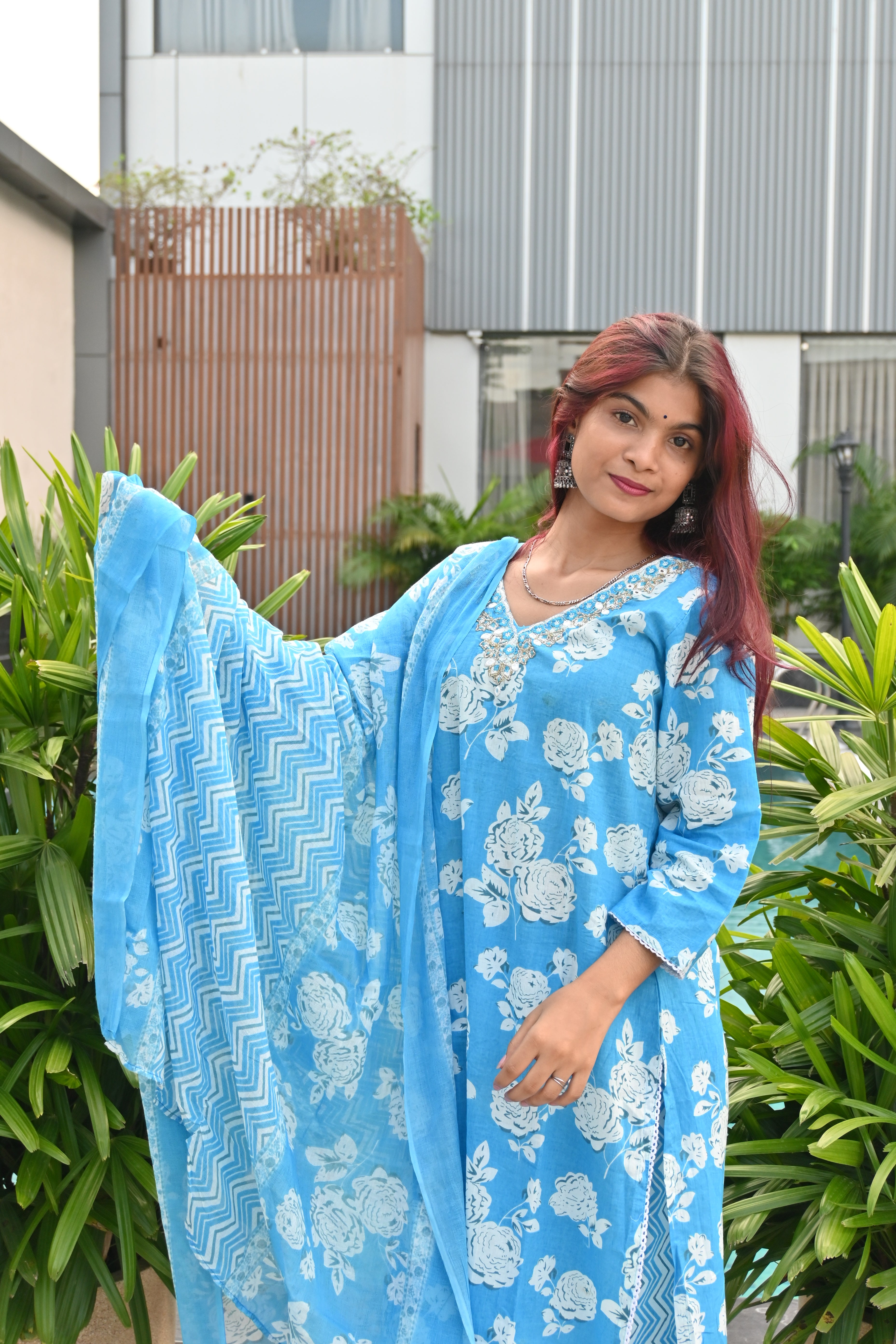 Aqua Bloom Printed Kurti Set with Dupatta