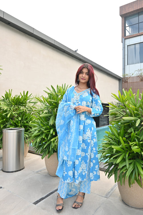 Aqua Bloom Printed Kurti Set with Dupatta